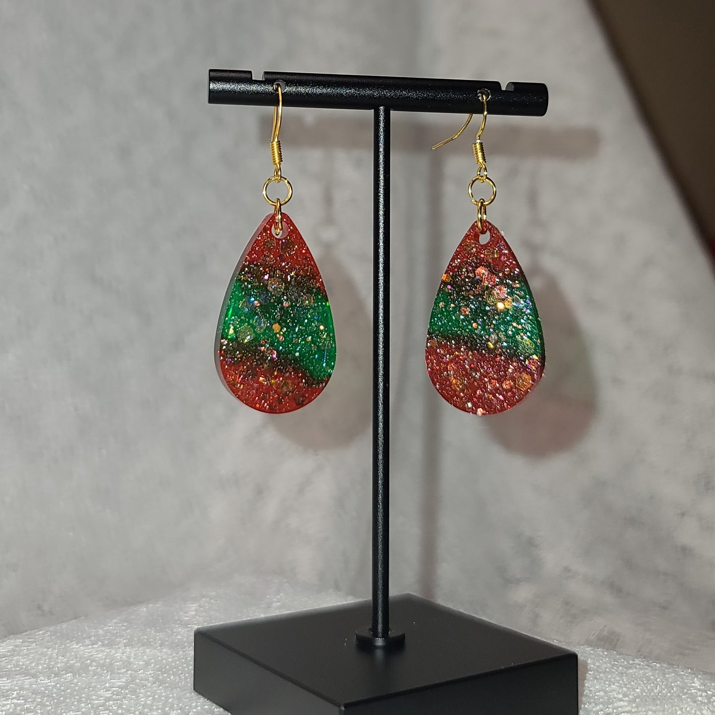 Red, Green, & Gold Glitter Teardrop Dangle Earrings