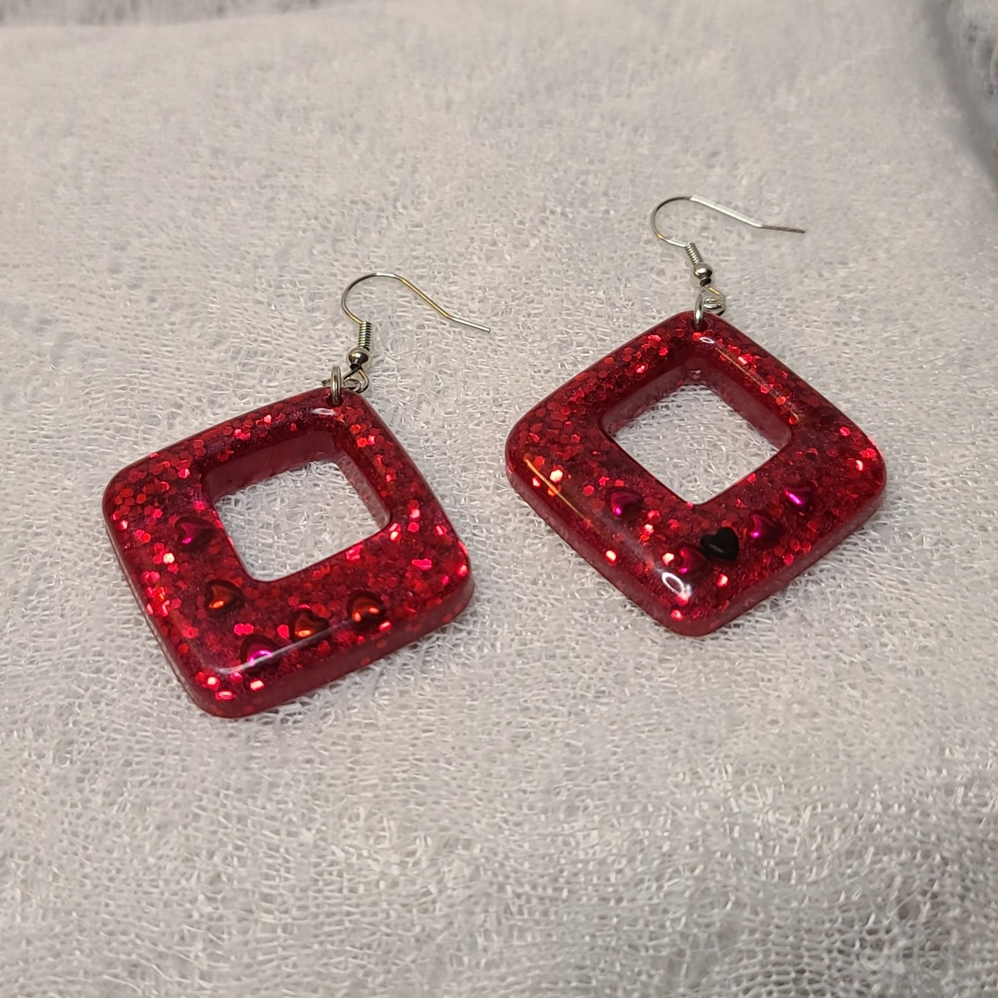 Red Glitter with Hearts Diamond Shaped Dangle Earrings