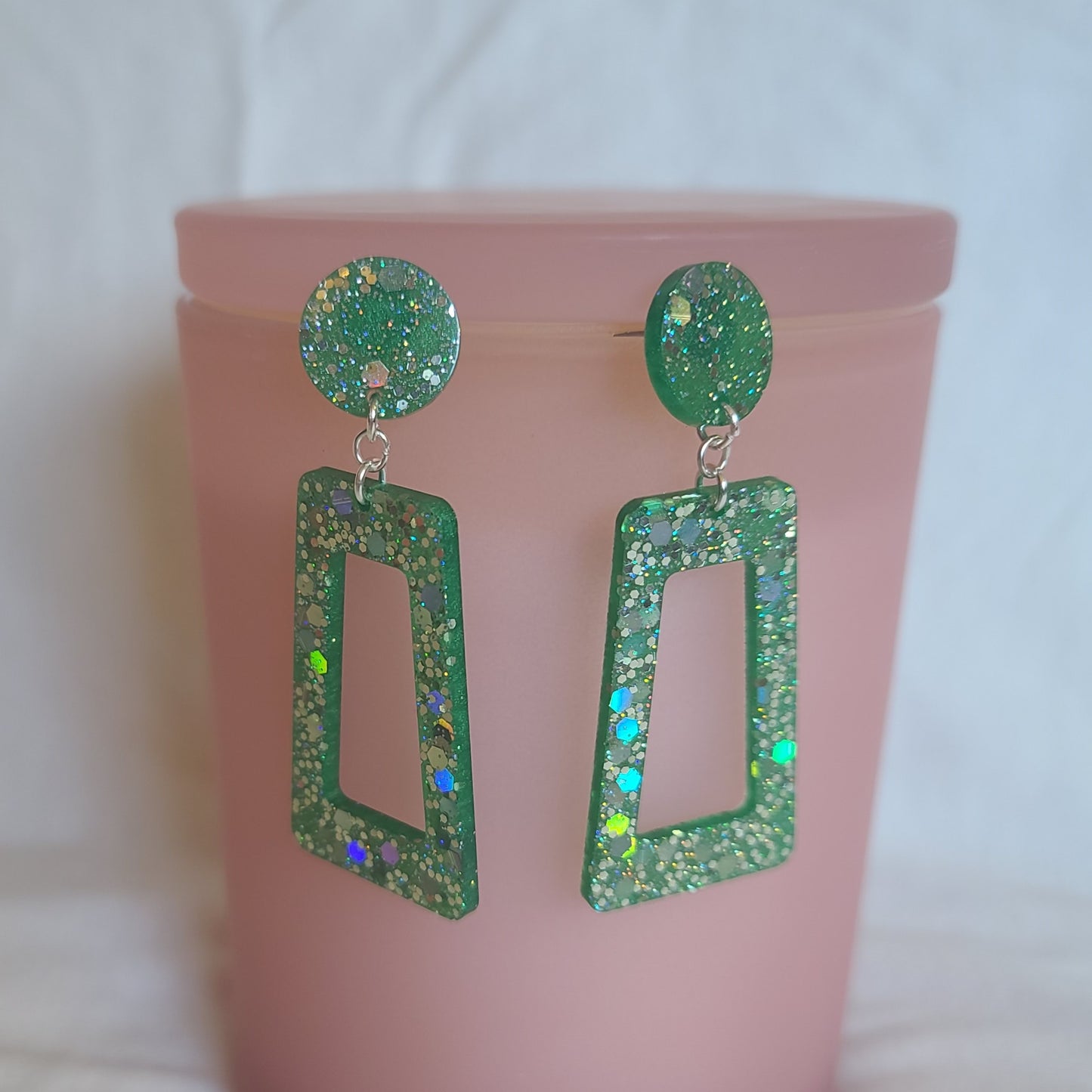 Green & Silver Glitter Rectangle Dangle Earrings