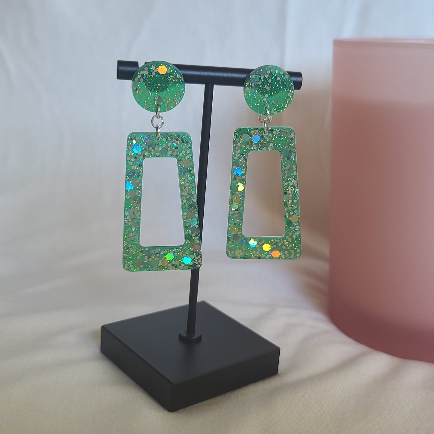 Green & Silver Glitter Rectangle Dangle Earrings