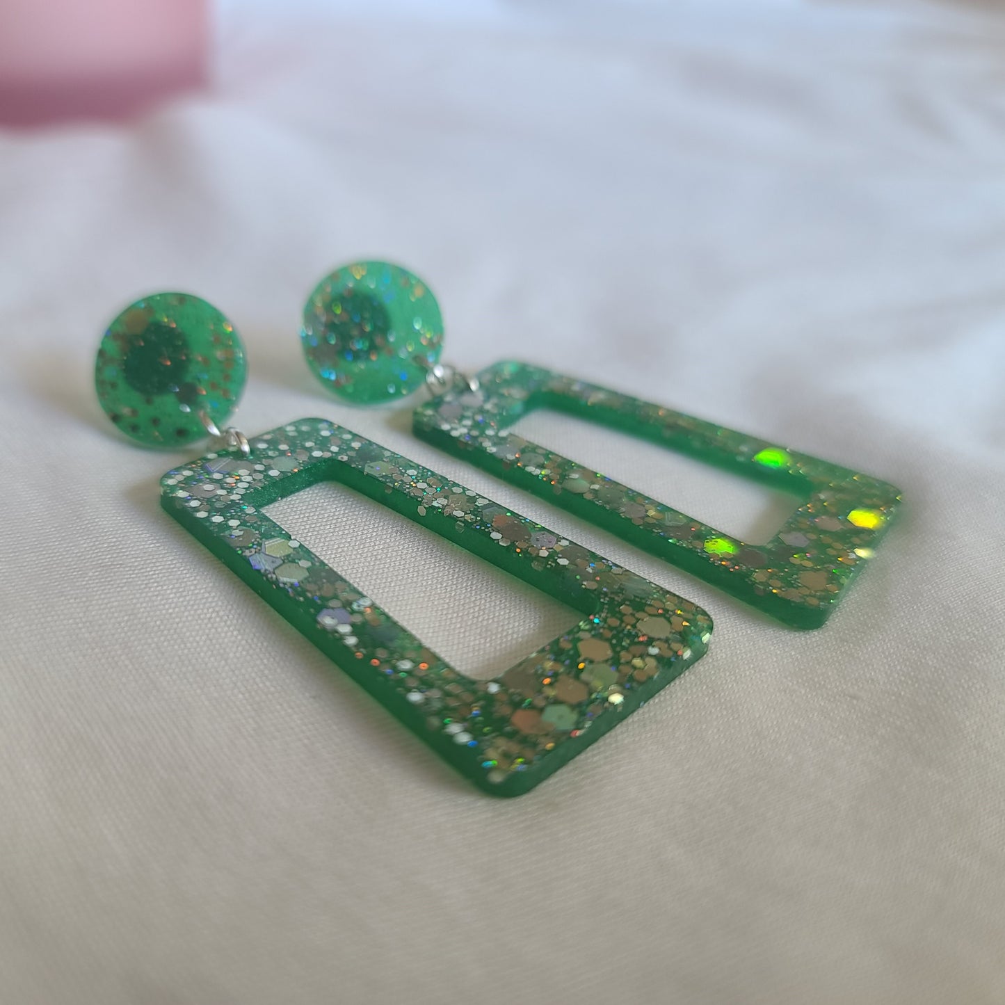 Green & Silver Glitter Rectangle Dangle Earrings