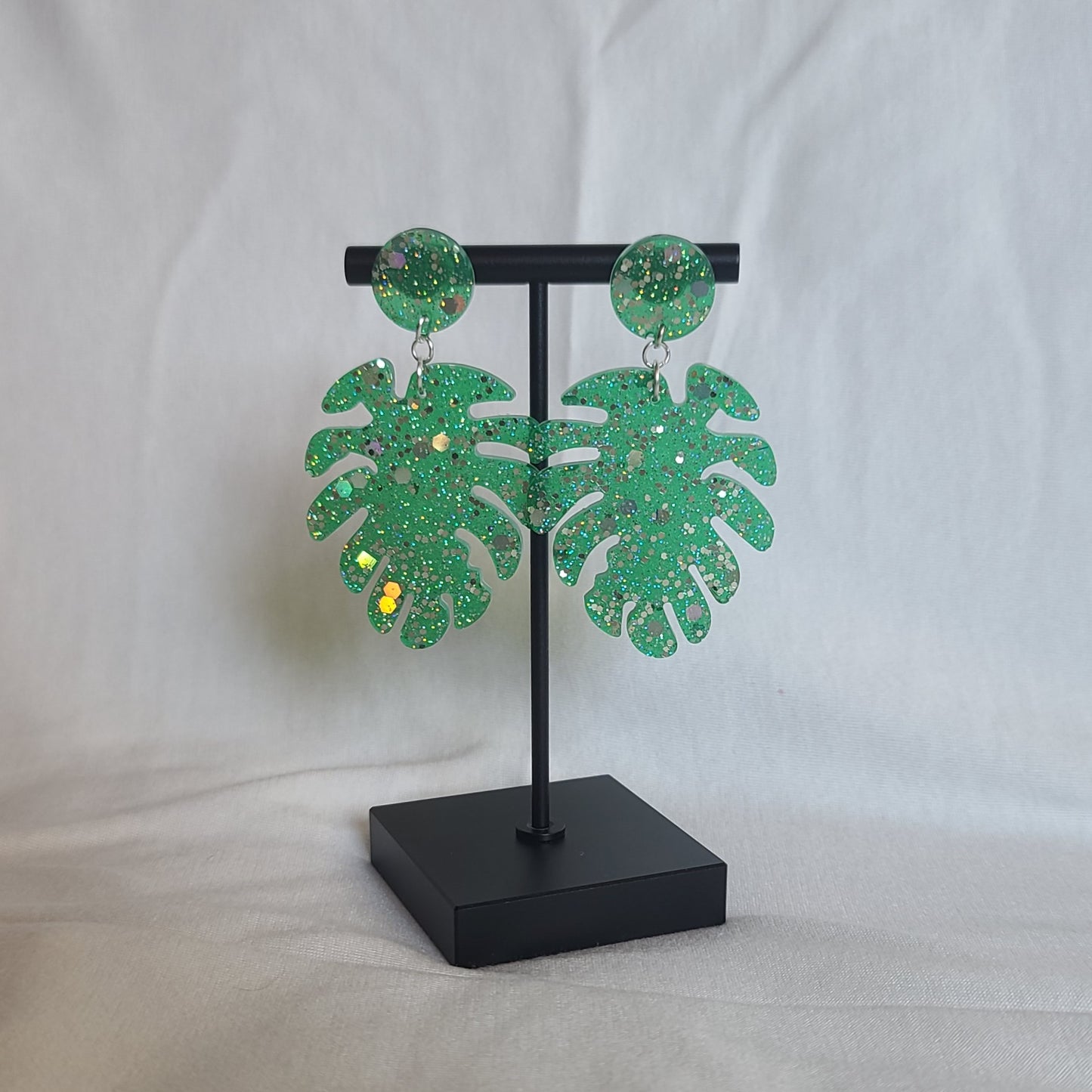 Green & Silver Glitter Monstera Leaf Dangle Earrings