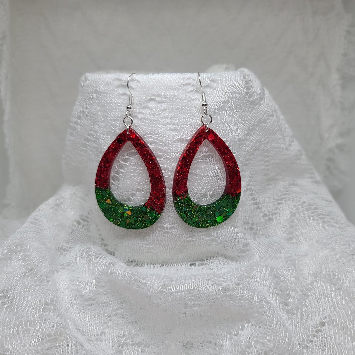 Red & Green Glitter Teardrop Dangle Earrings