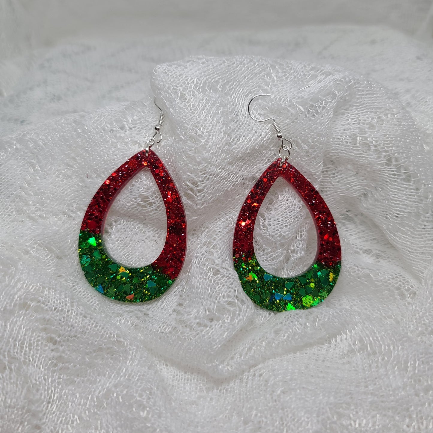 Red & Green Glitter Teardrop Dangle Earrings