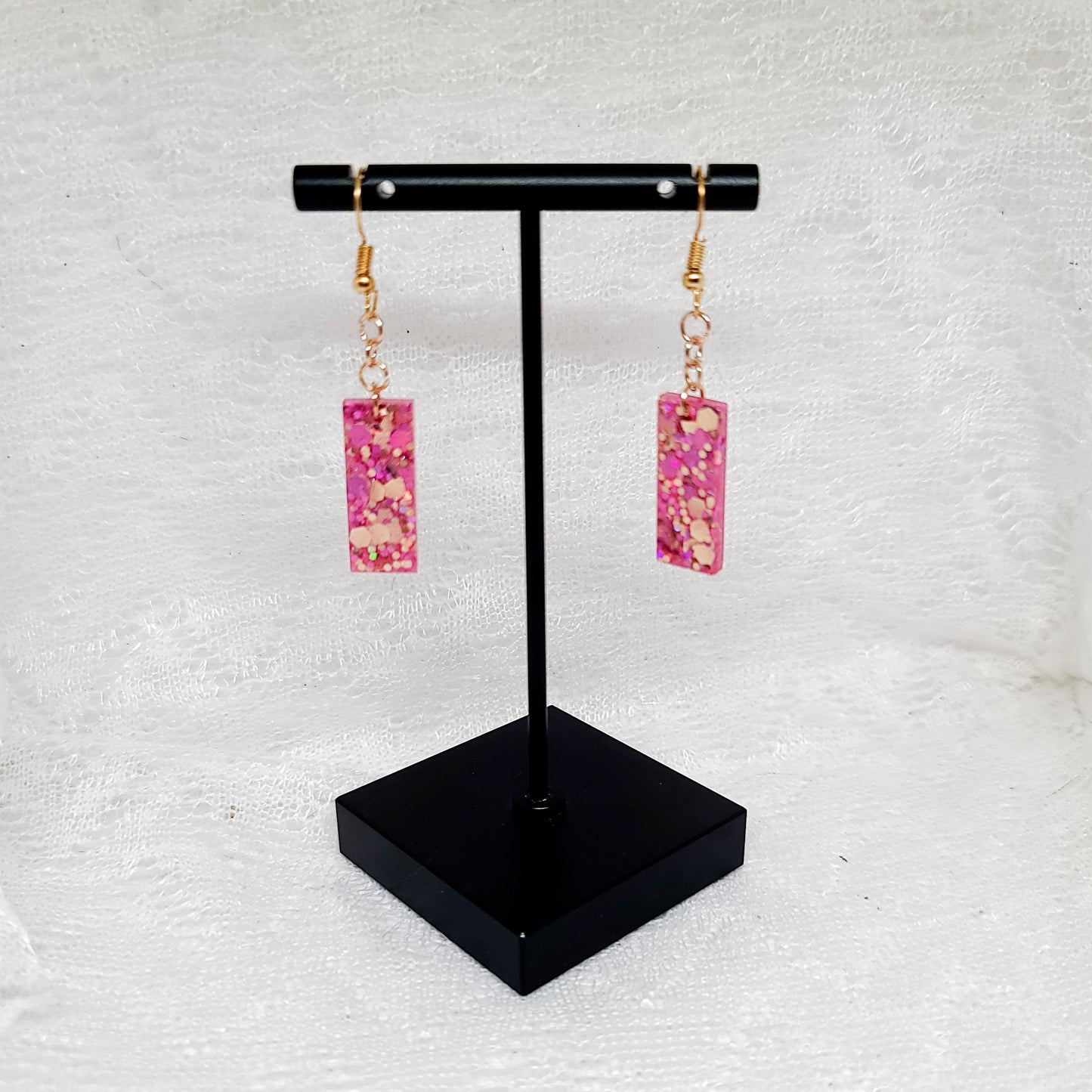 Pink Rose Gold Glitter Small Rectangle Dangle Earrings