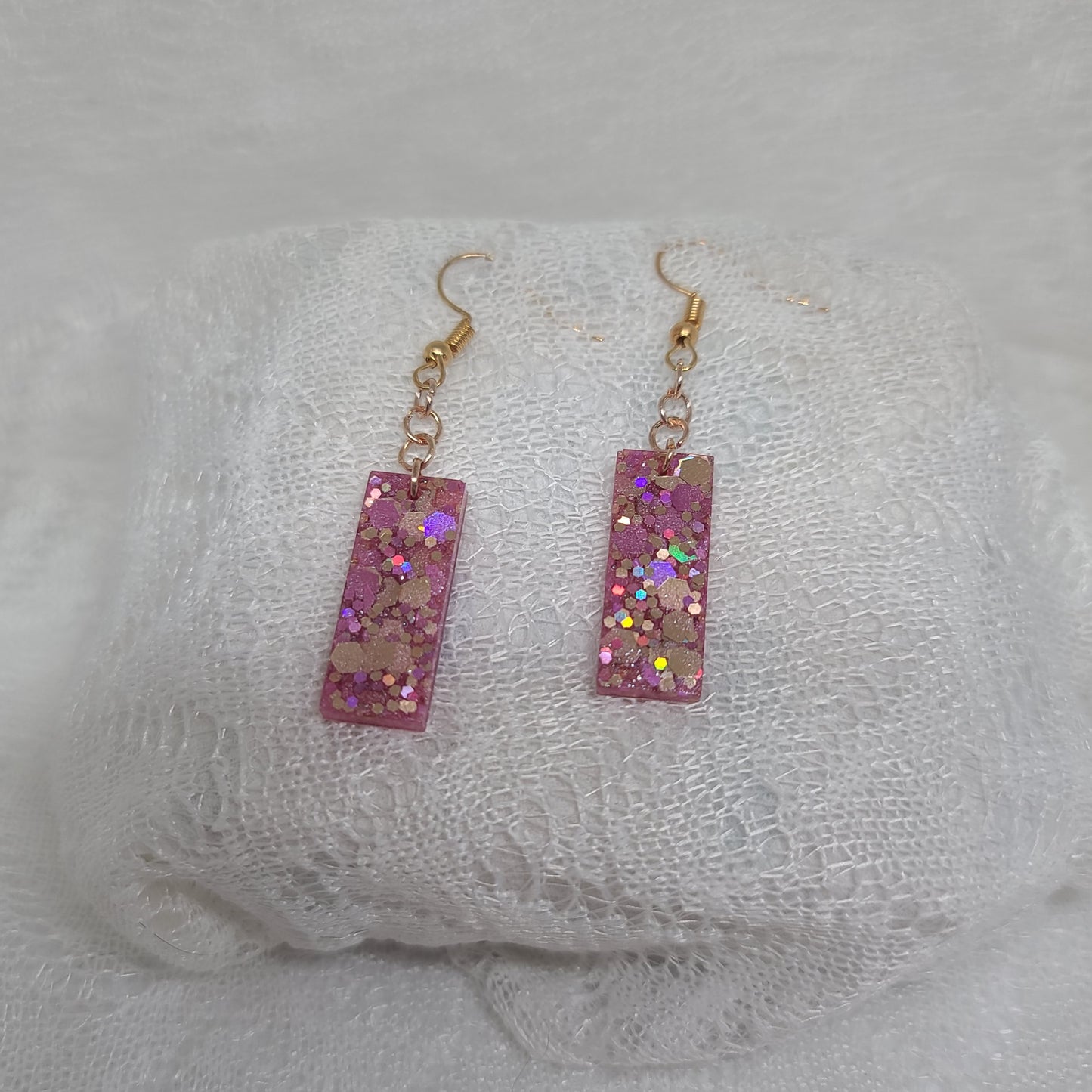 Pink Rose Gold Glitter Small Rectangle Dangle Earrings