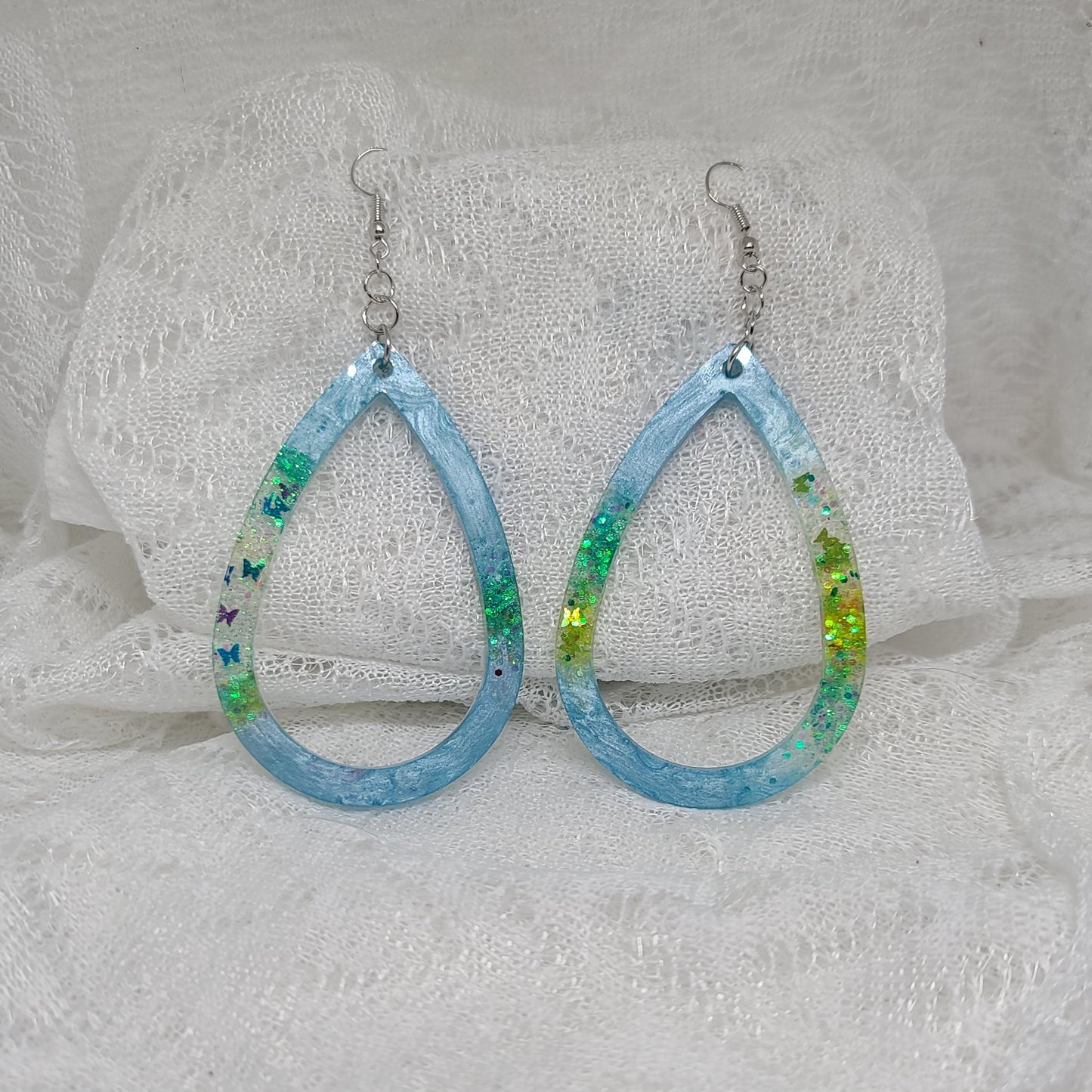 Light Blue with Butterfly Glitter Large Hoop Teardrop Resin Earrings