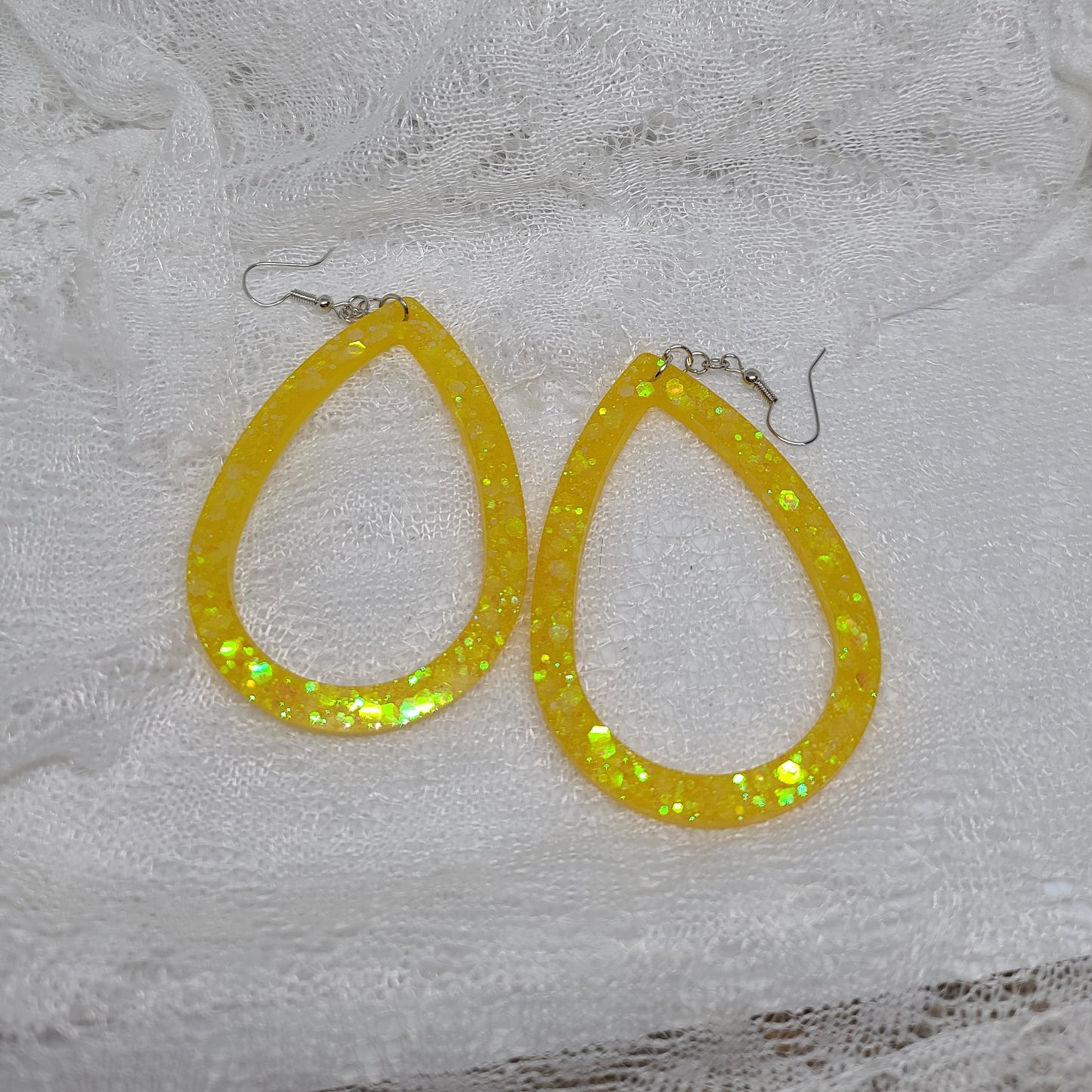 Yellow Glitter Larger Hoop Teardrop Earrings