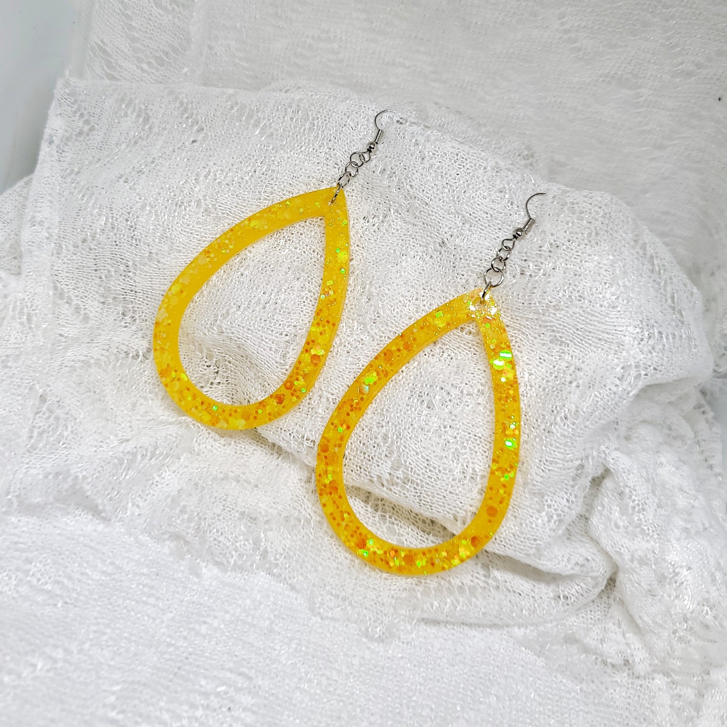 Yellow Glitter Larger Hoop Teardrop Earrings