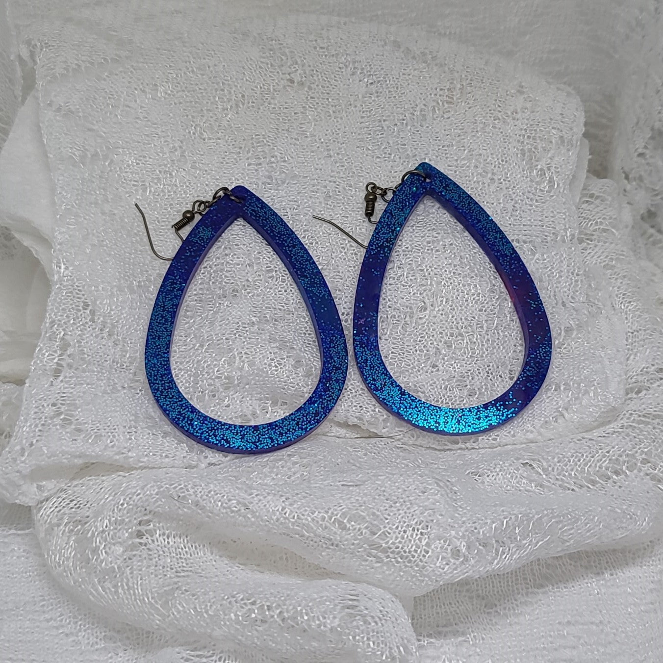 Dark Blue Glitter Large Hoop Teardrop Earrings