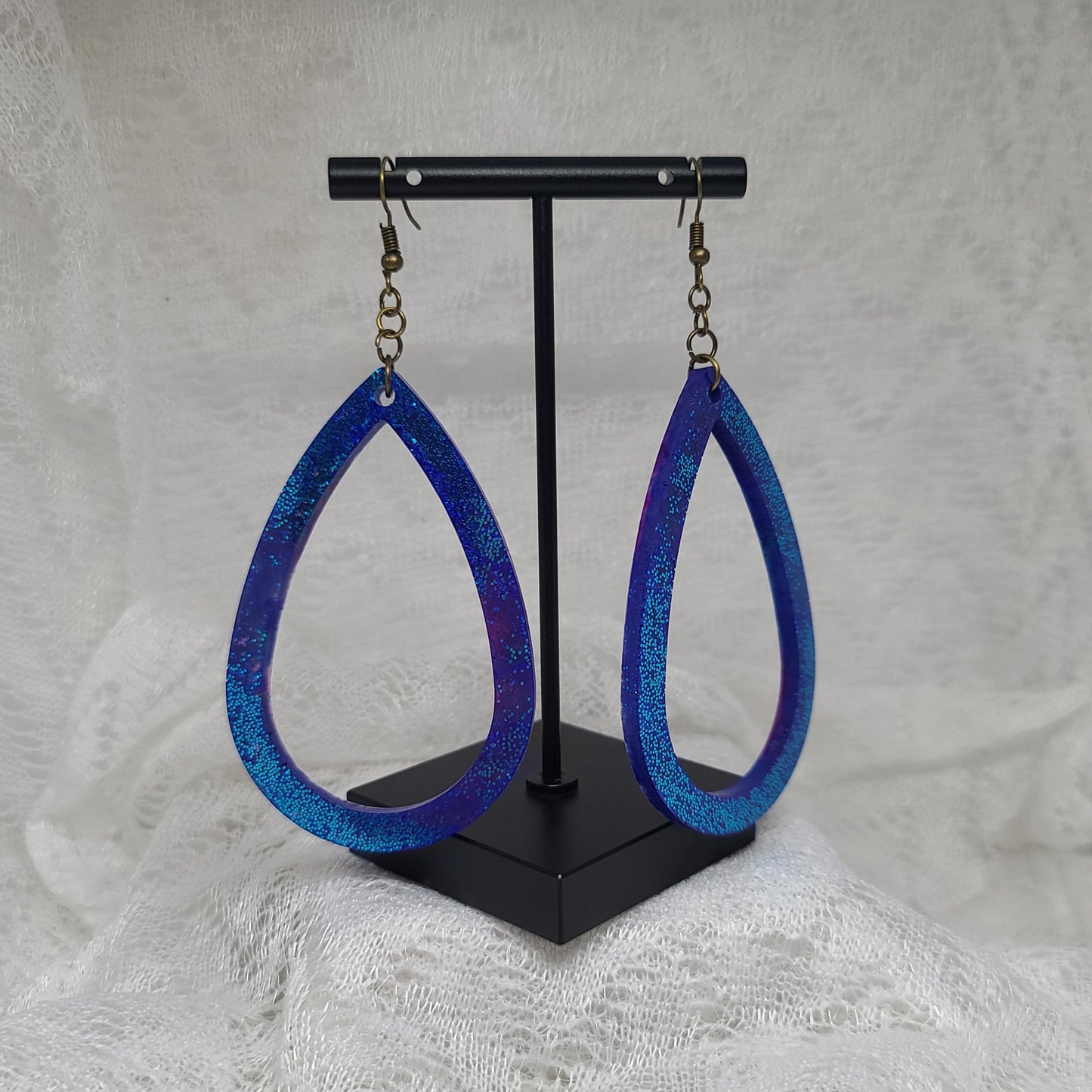Dark Blue Glitter Large Hoop Teardrop Earrings