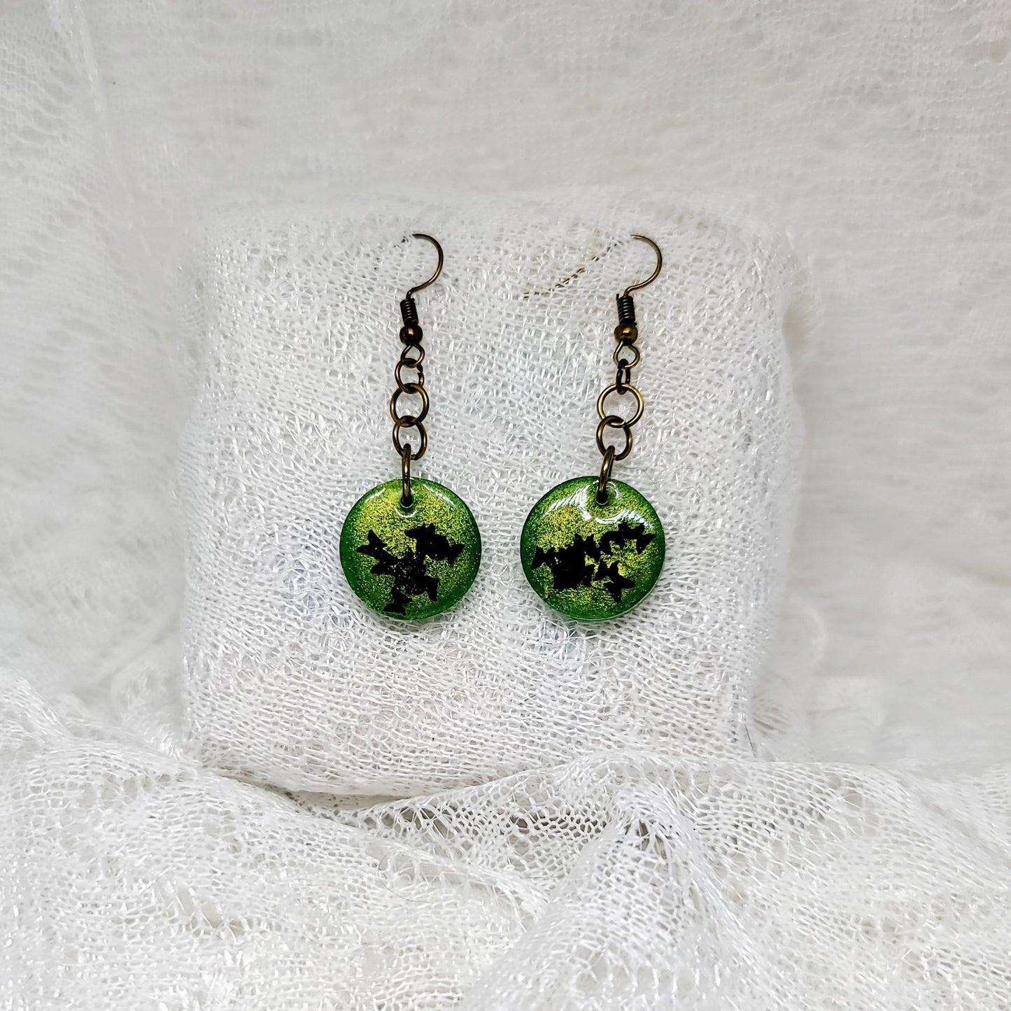 Green Shimmer With Black Butterflies Round Dangle Earrings