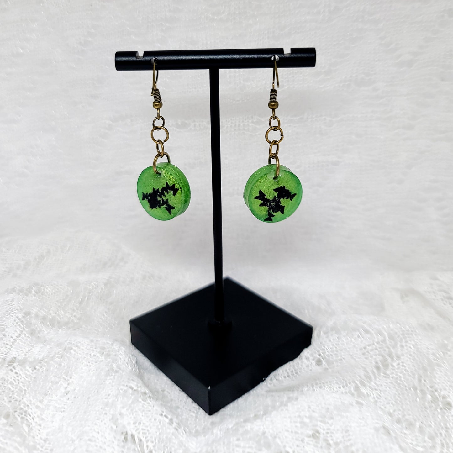 Green Shimmer With Black Butterflies Round Dangle Earrings
