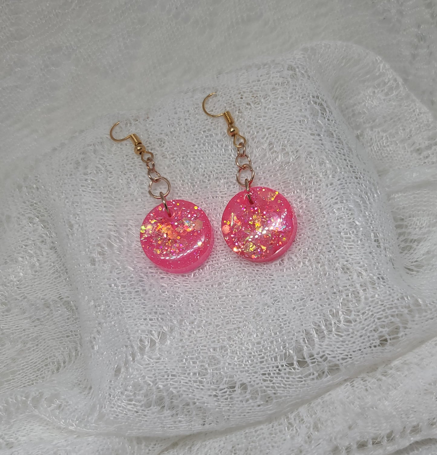 Hot Pink with Iridescent Chunky Glitter Round Dangle Earrings