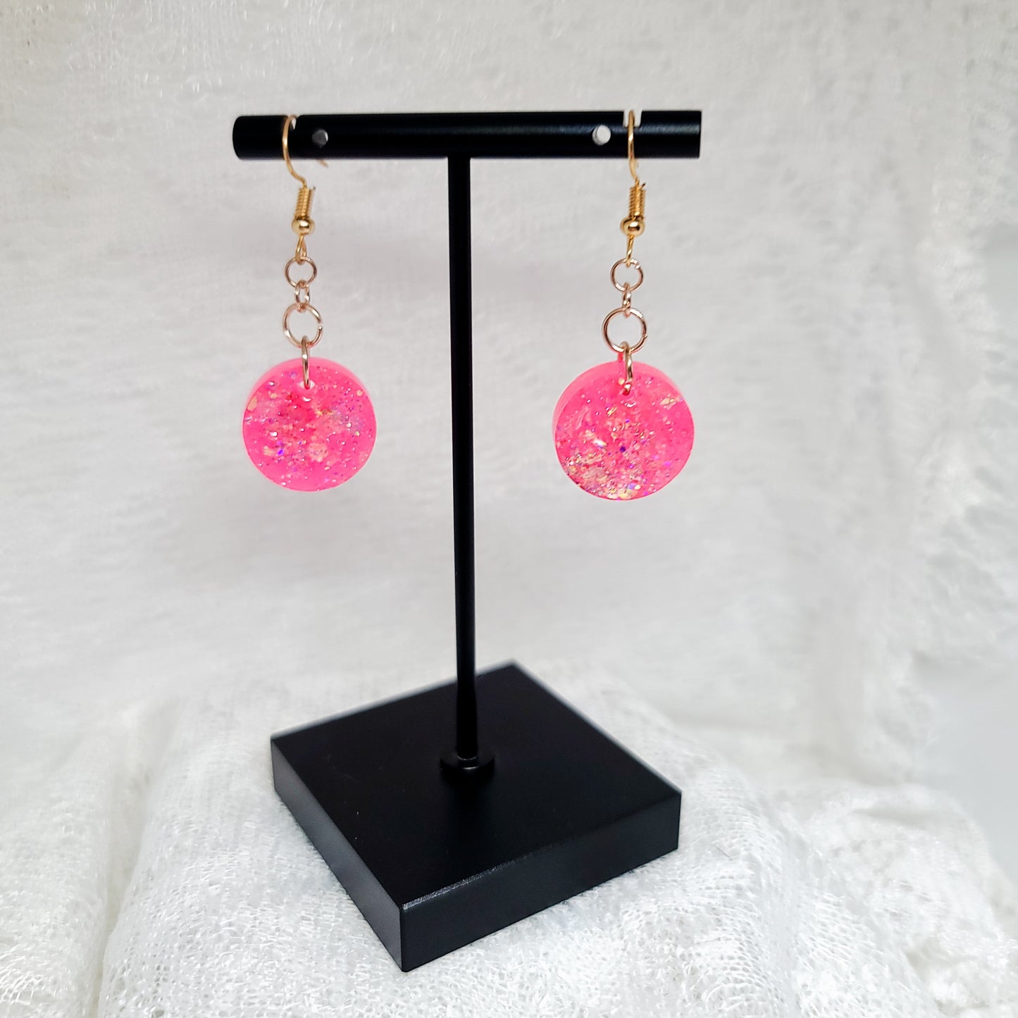 Hot Pink with Iridescent Chunky Glitter Round Dangle Earrings