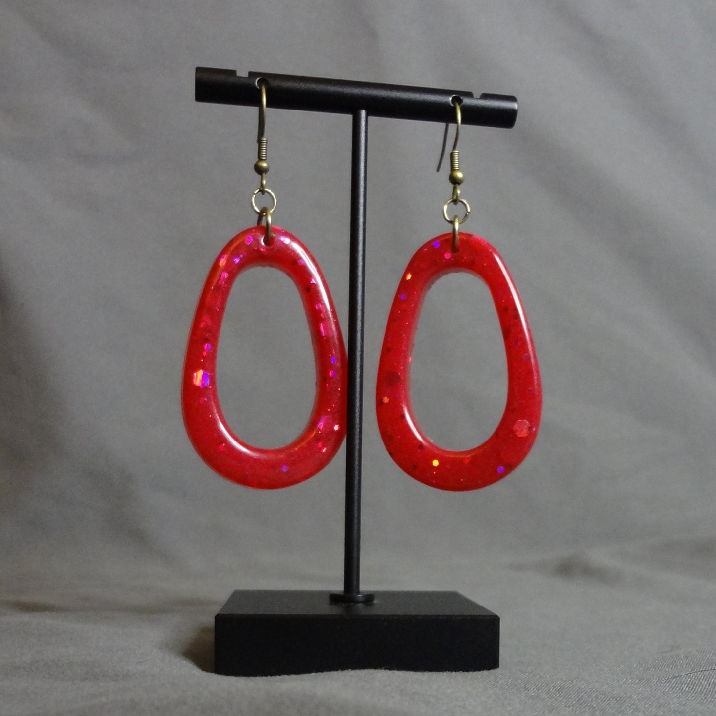 Red Glitter Teardrop Dangle Hoop Earrings
