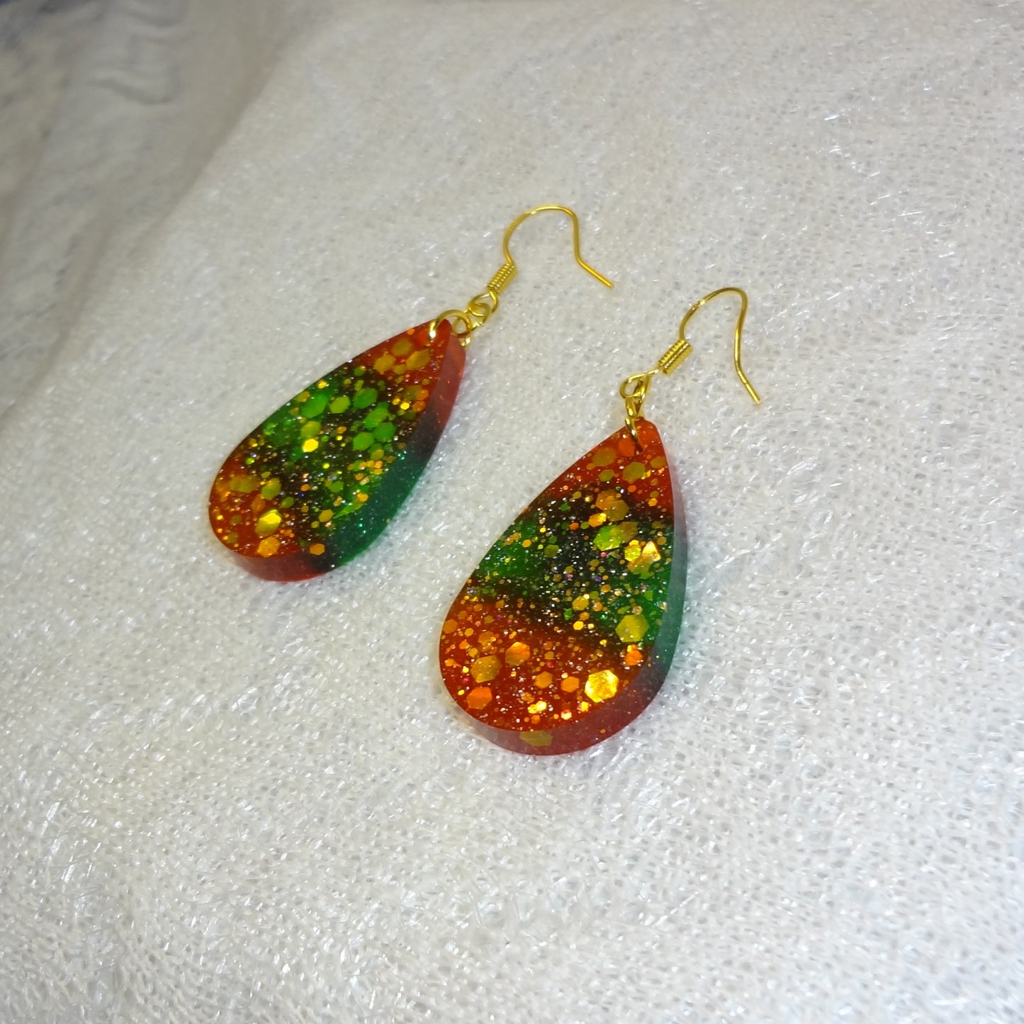 Red, Green, & Gold Glitter Teardrop Dangle Earrings