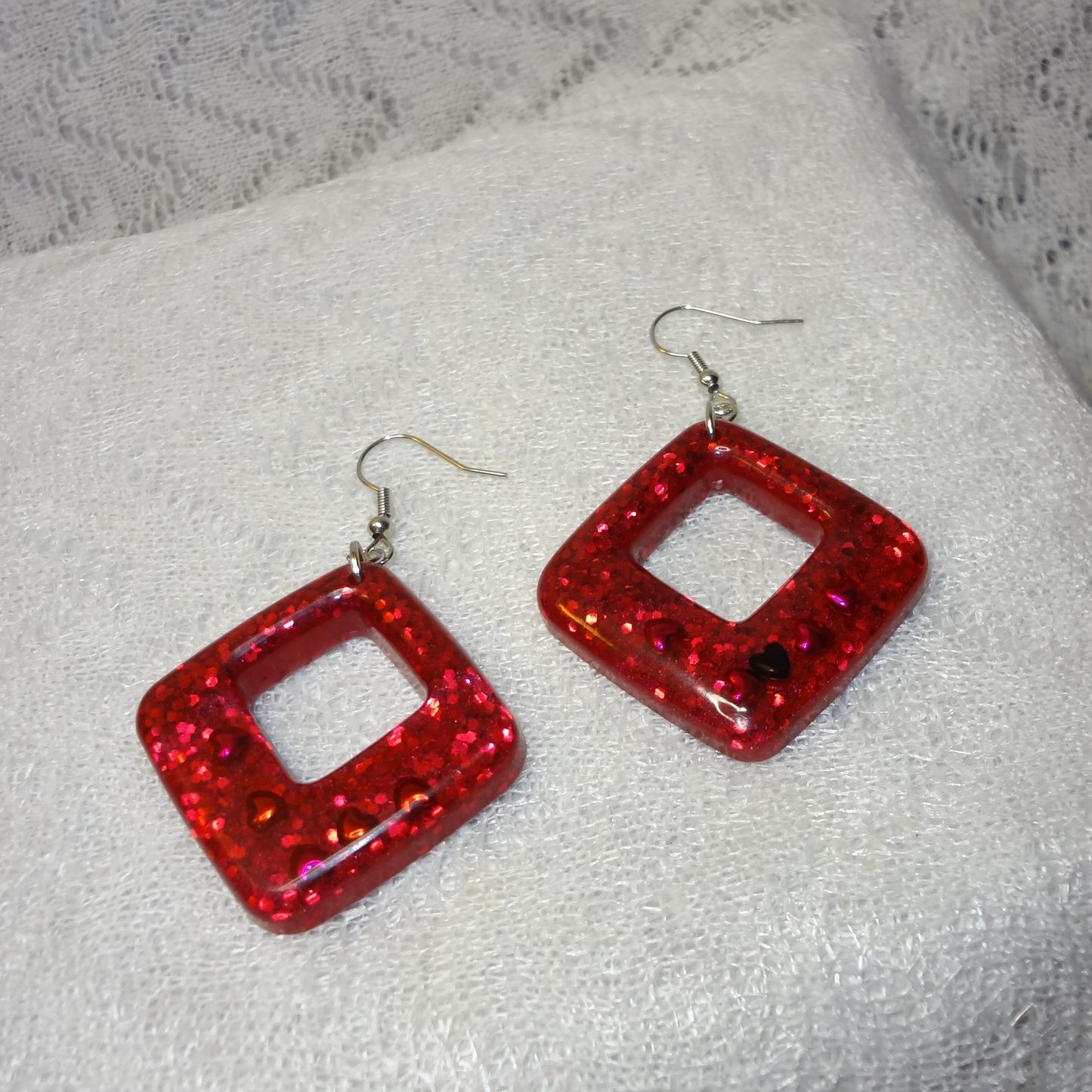 Red Glitter with Hearts Diamond Shaped Dangle Earrings