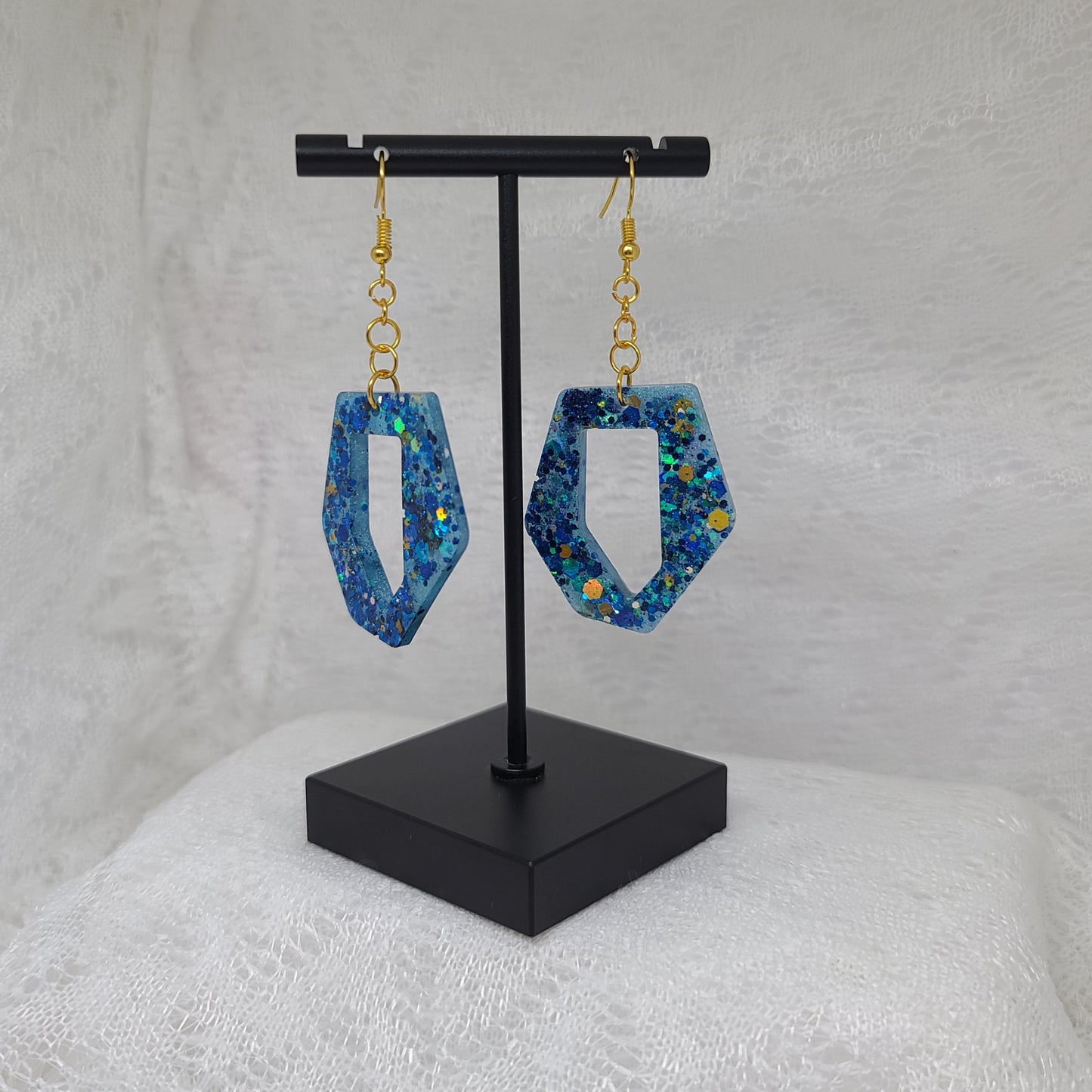 Dark Blue & Gold Chunky Glitter Dangle Earrings