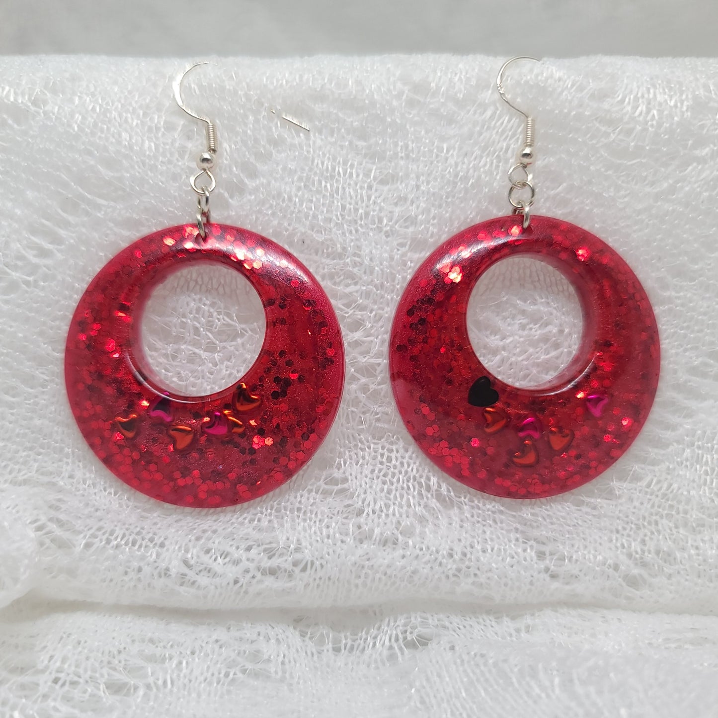 Red Glitter with Red & Black Hearts Round Dangle Earrings