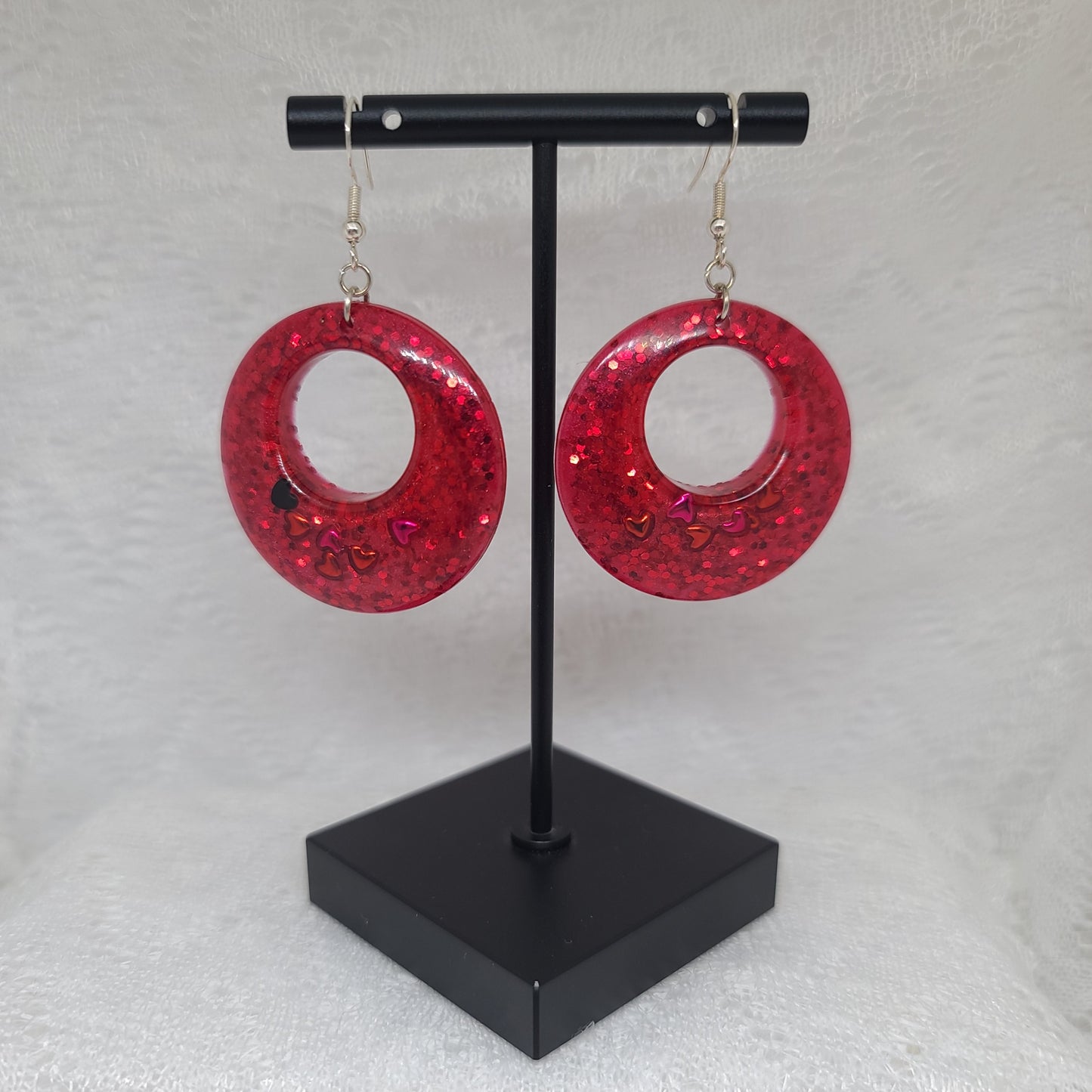 Red Glitter with Red & Black Hearts Round Dangle Earrings