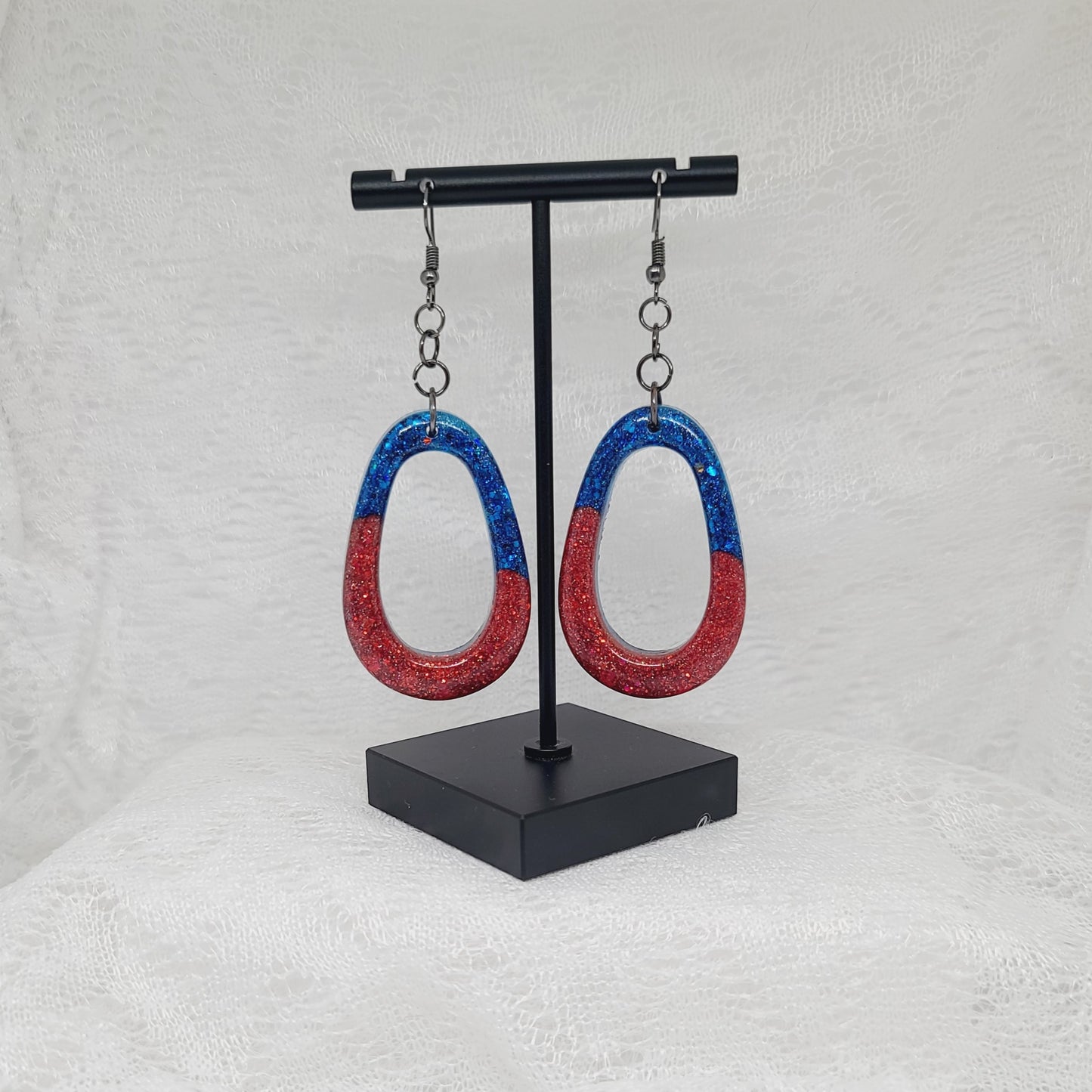 Red & Blue Glitter Dangle Hoop Earrings