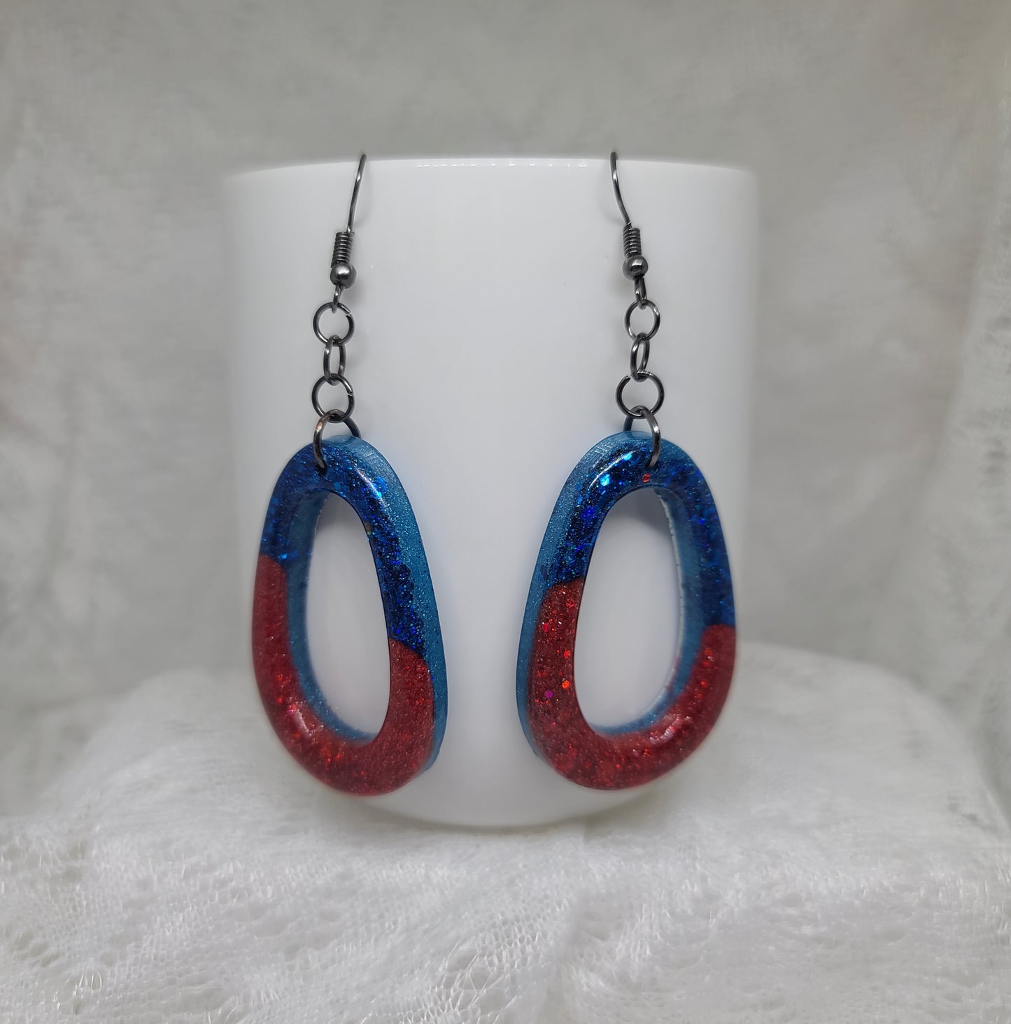 Red & Blue Glitter Dangle Hoop Earrings