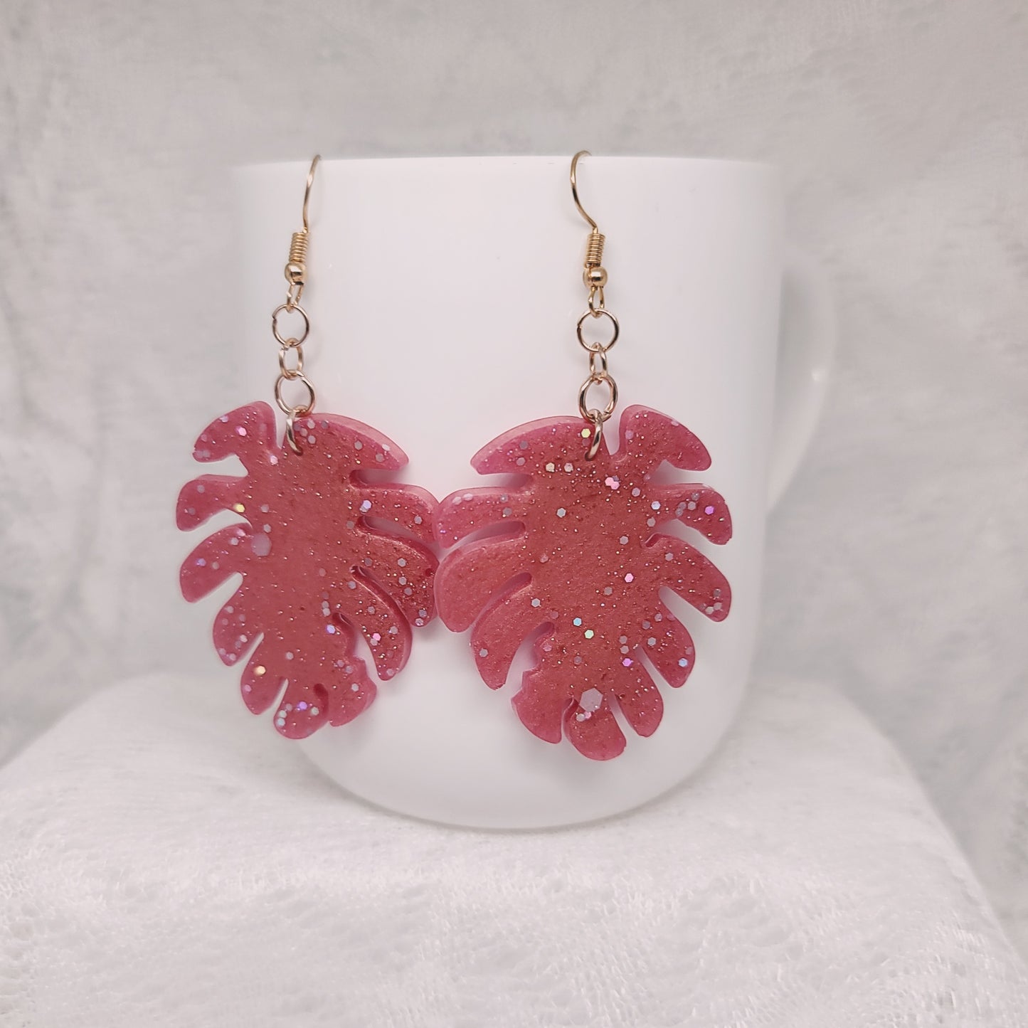Pink/Mauve Monstera Leaf Dangle Earrings