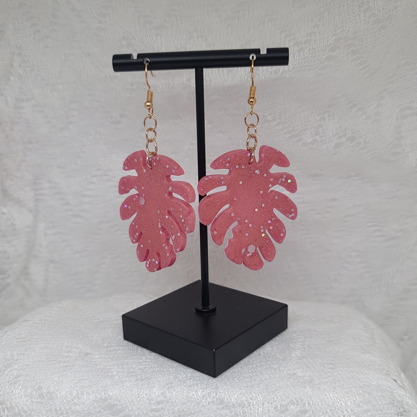 Pink/Mauve Monstera Leaf Dangle Earrings