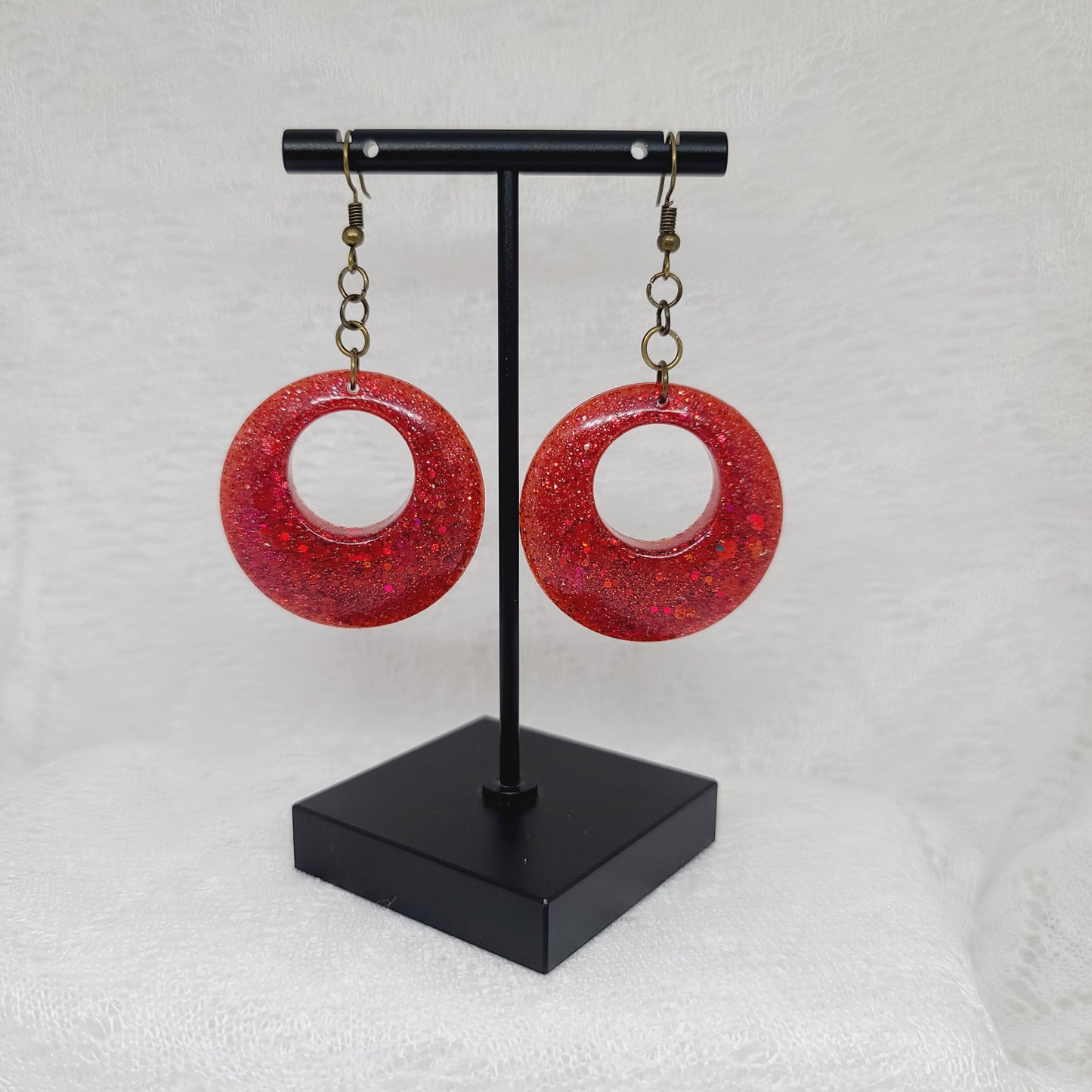 Round Red Glitter Dangle Earrings