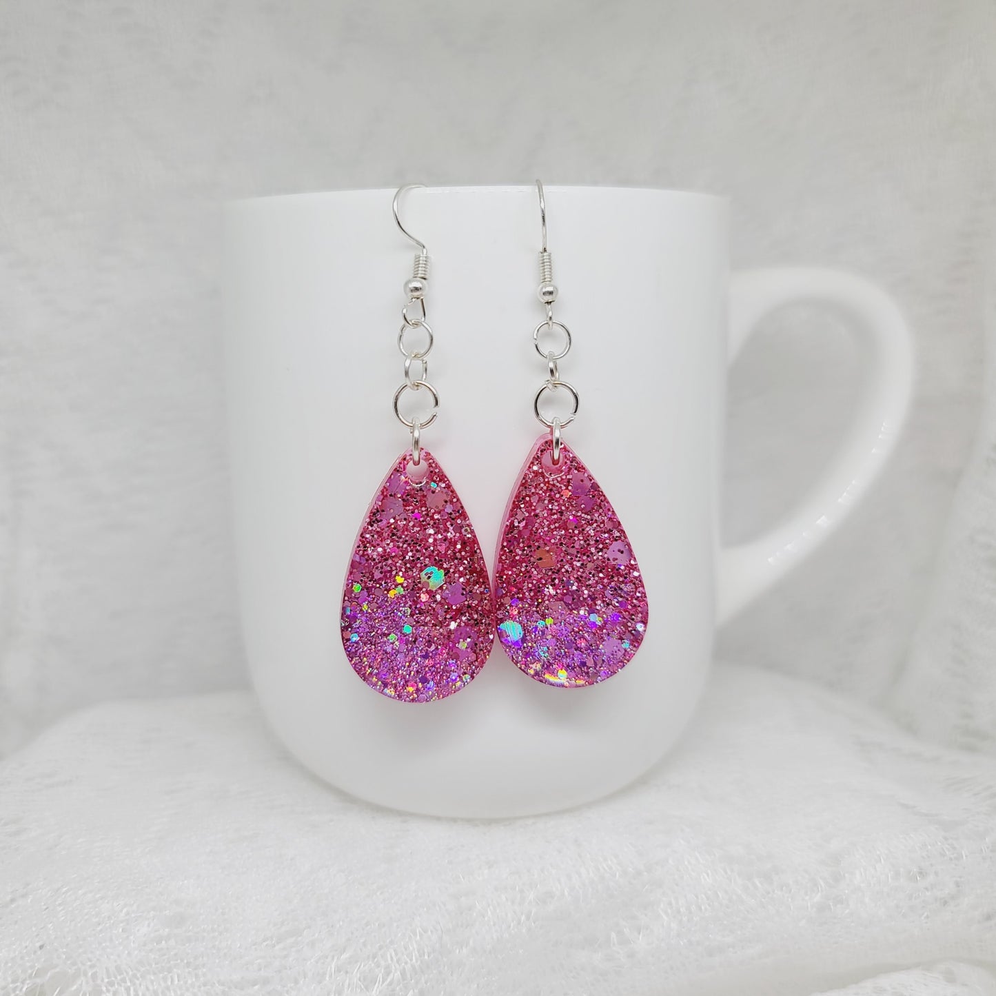 Pink Glitter Teardrop Dangle Earrings