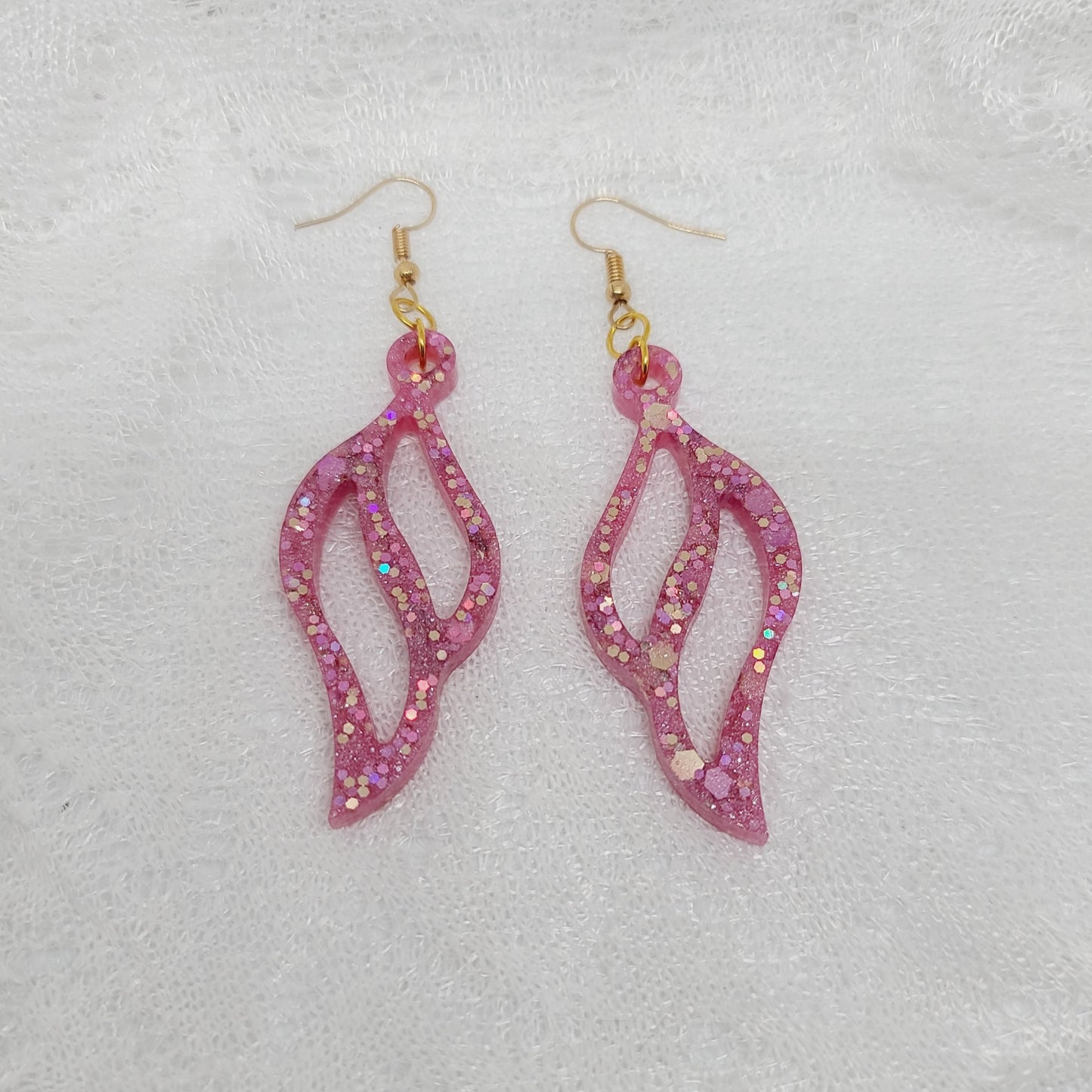 Pink & Gold Feather Shaped Dangle Earrings