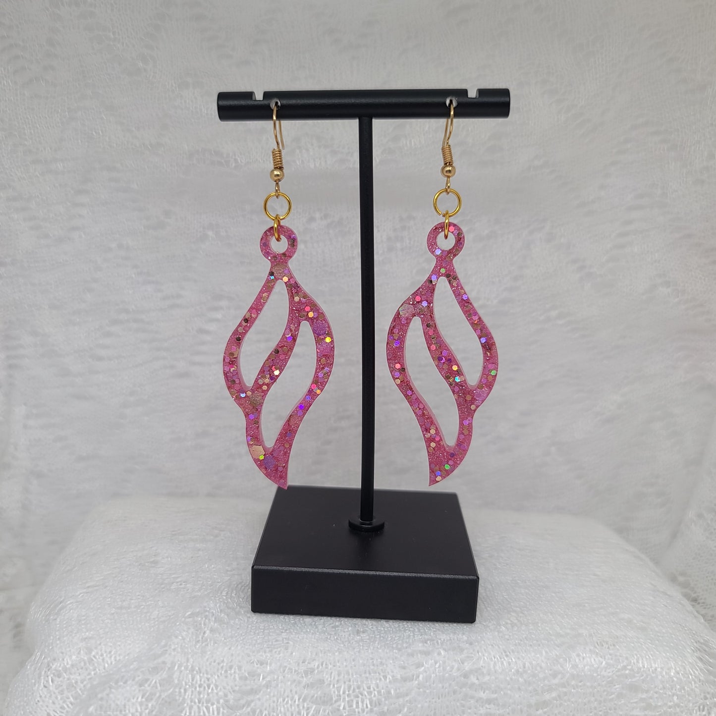 Pink & Gold Feather Shaped Dangle Earrings