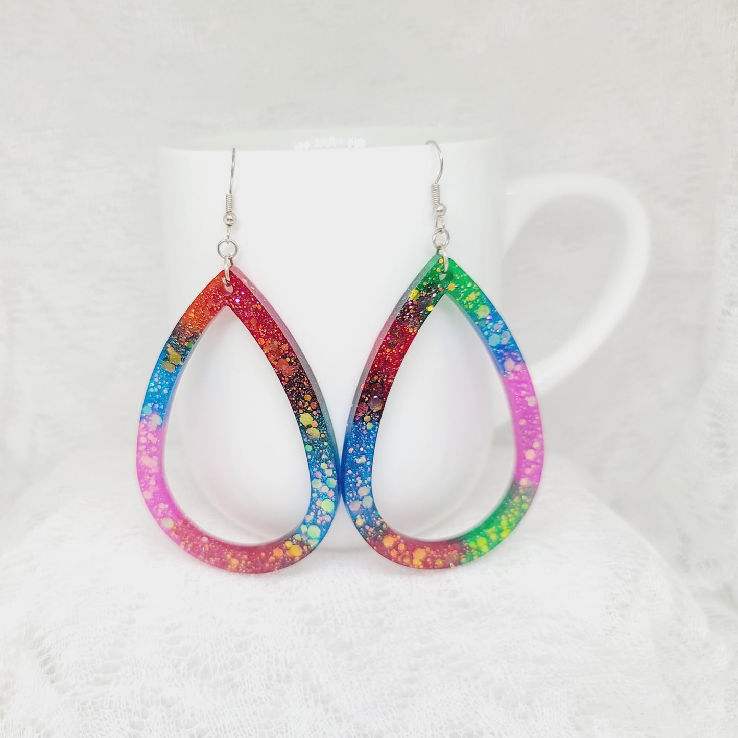 Large Rainbow Glitter Teardrop Statement Dangle Earrings
