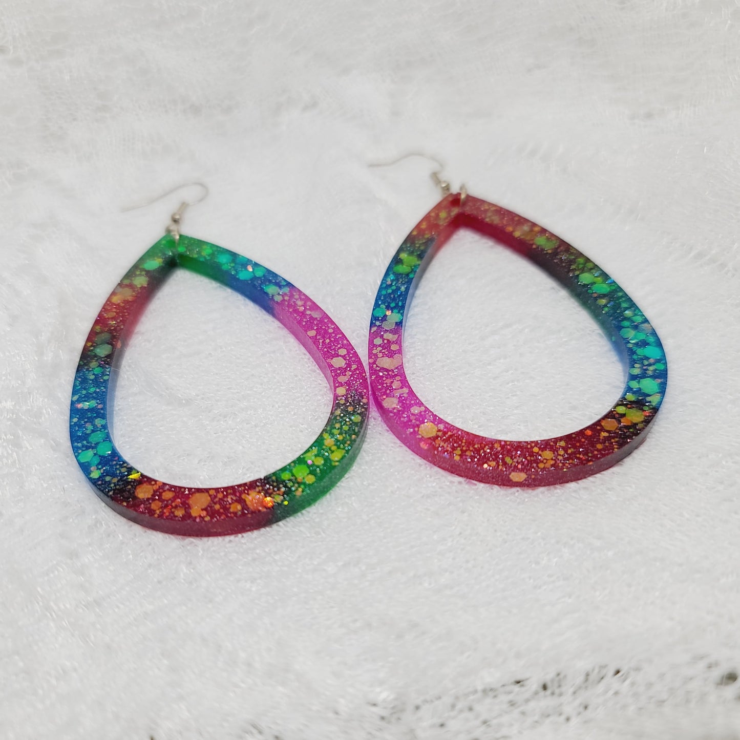 Large Rainbow Glitter Teardrop Statement Dangle Earrings
