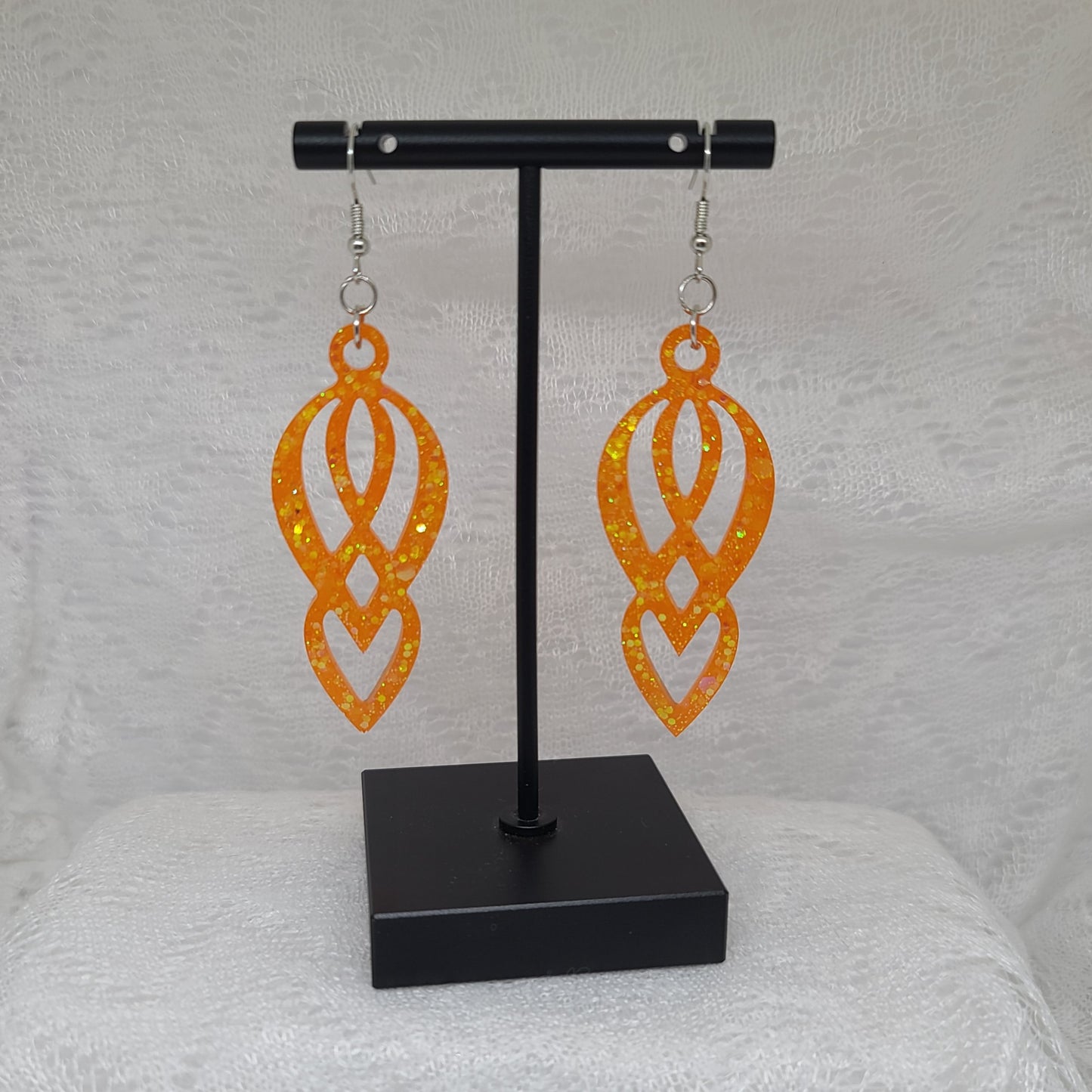 Orange Glitter Chandelier Dangle Statement Earrings