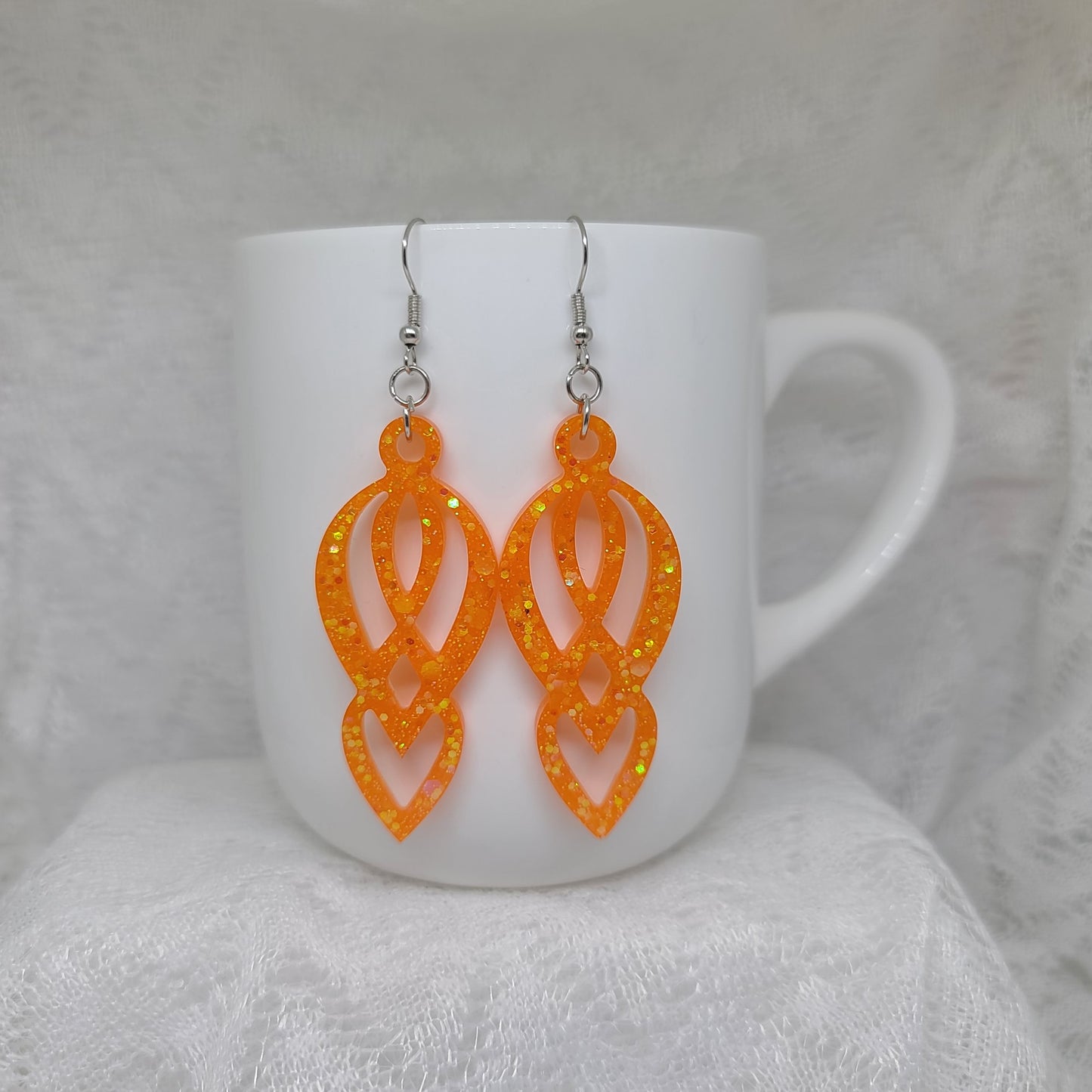 Orange Glitter Chandelier Dangle Statement Earrings