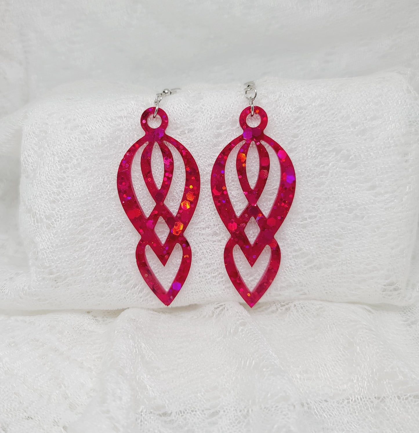 Red Glitter Chandelier Dangle Statement Earrings
