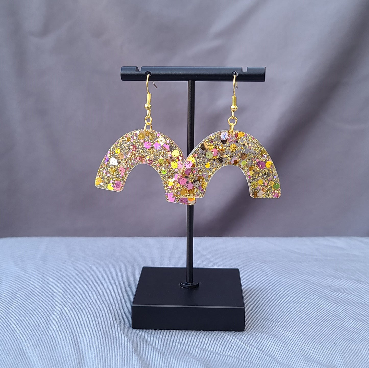 Gold & Pink Chunky Glitter Rainbow Dangle Earrings
