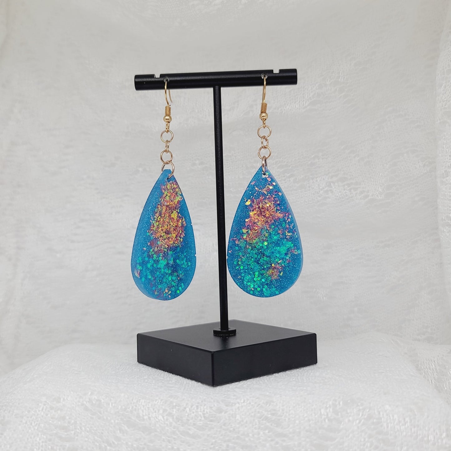 Blue, Pink/Rose Golden Teardrop Dangle Earrings