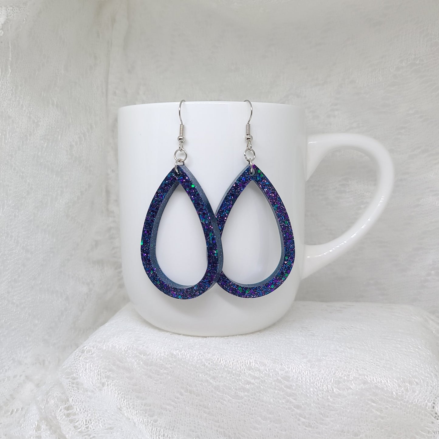 Galaxy Purple, Black & Blue Teardrop Hoop Dangle Earrings