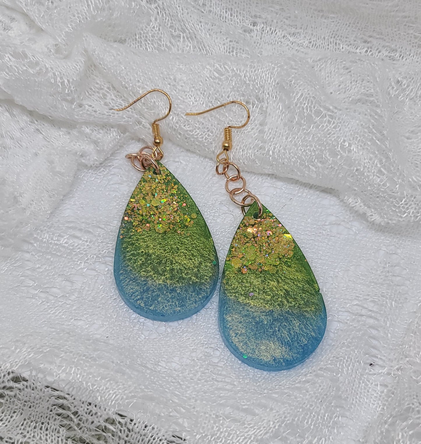 Gold Glitter, Green & Blue Teardrop Dangle Earrings
