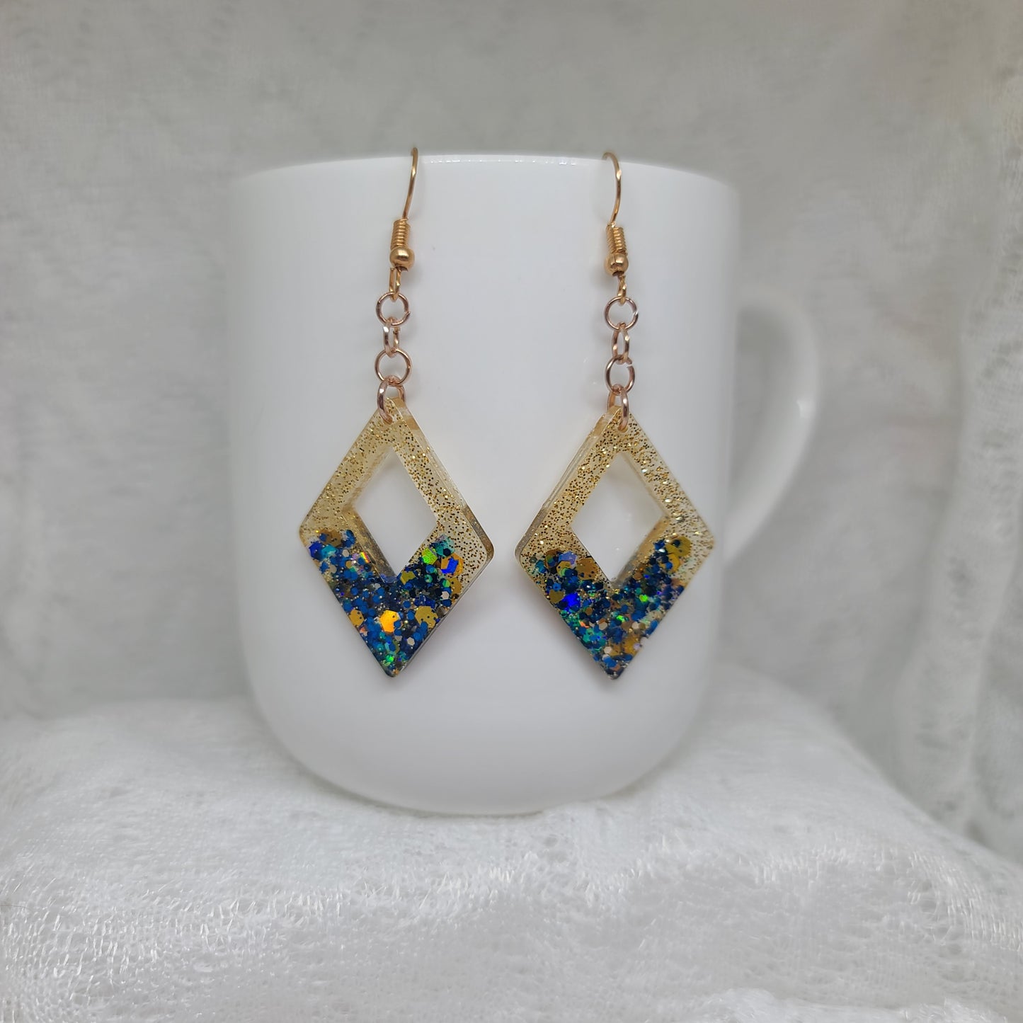 Gold & Blue Chunky Glitter Triangle Dangle Earrings