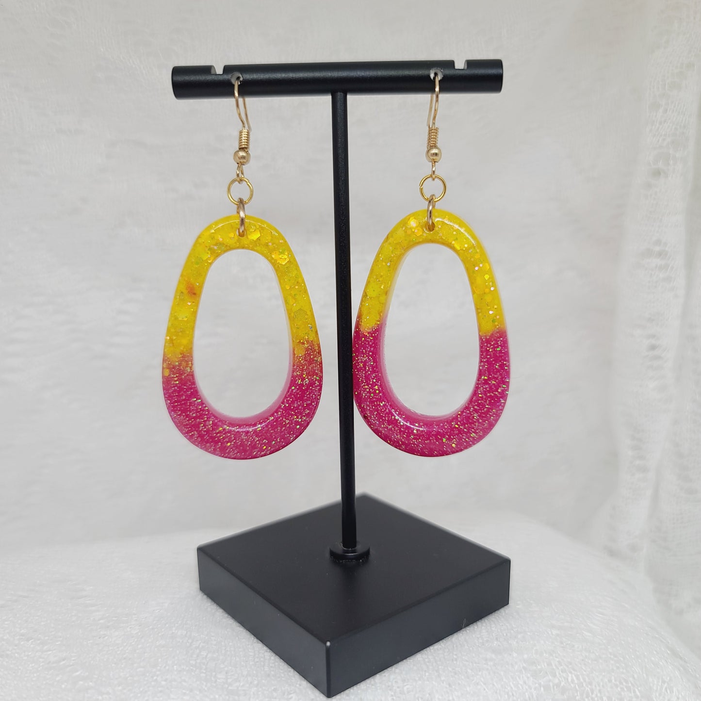 Pink & Yellow Glitter Hoop Dangle Earrings