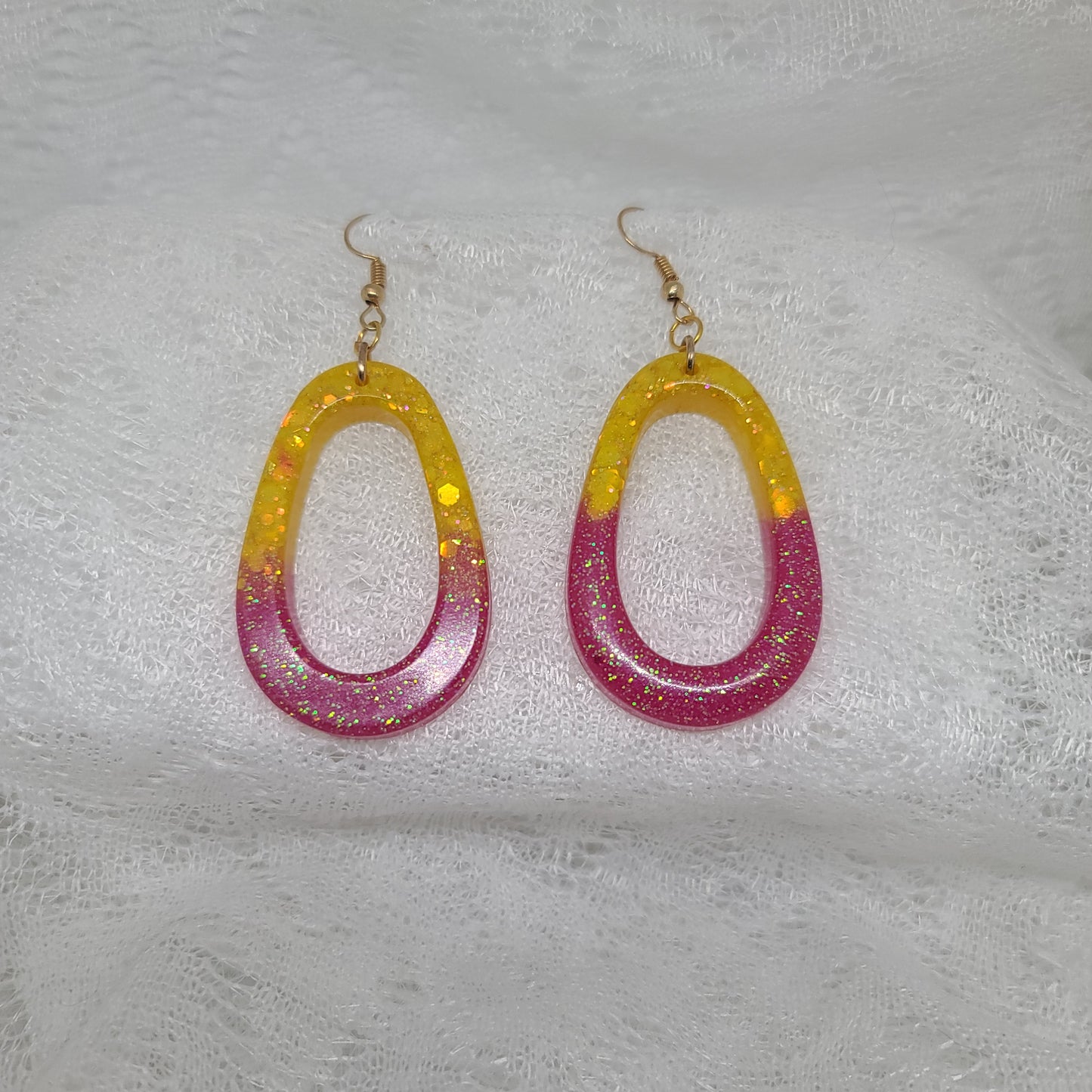 Pink & Yellow Glitter Hoop Dangle Earrings