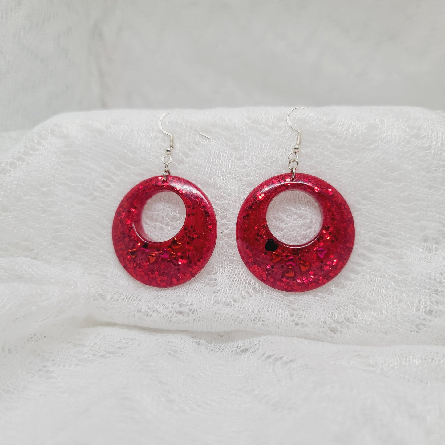 Red Glitter with Red & Black Hearts Round Dangle Earrings