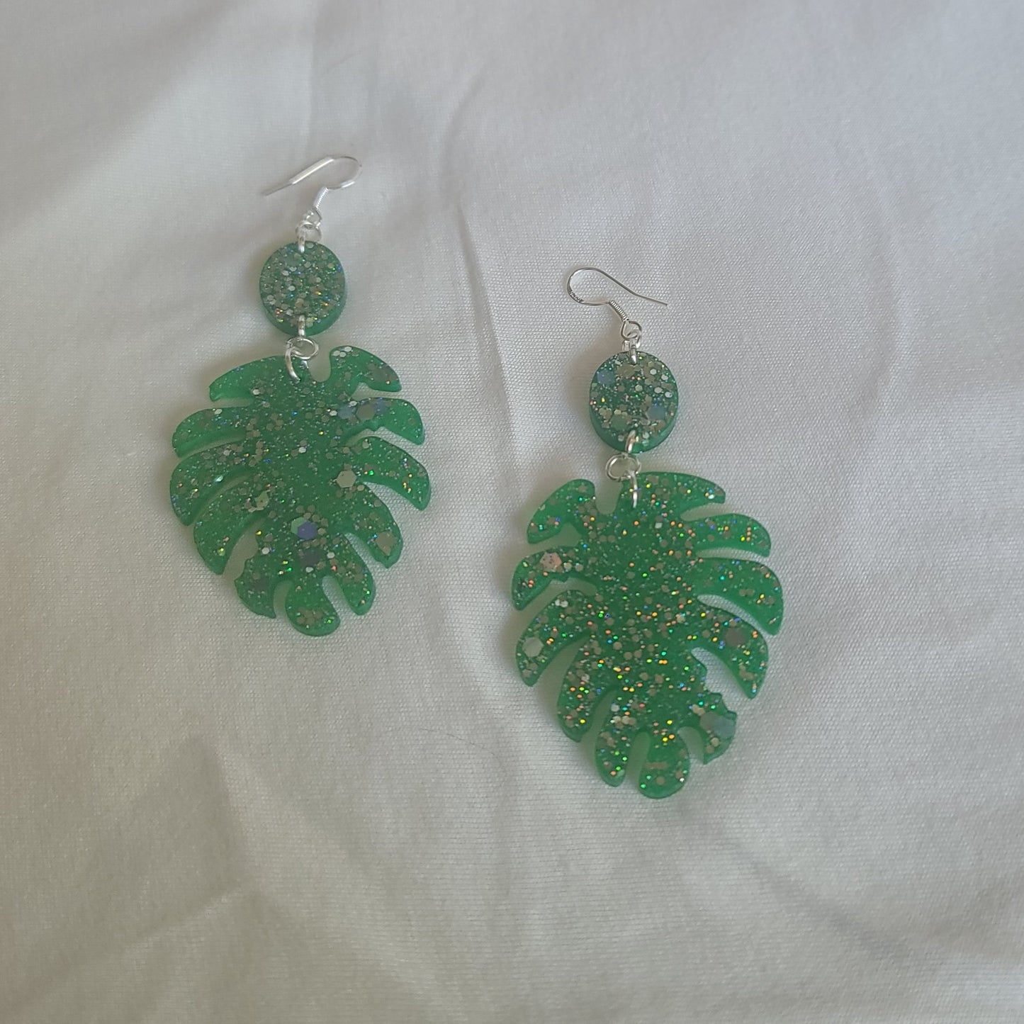 Green & Silver Glitter Monstera Leaf Dangle Earrings