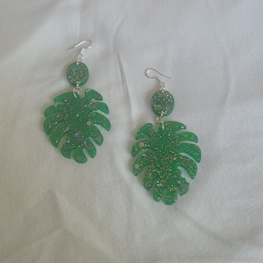 Green & Silver Glitter Monstera Leaf Dangle Earrings