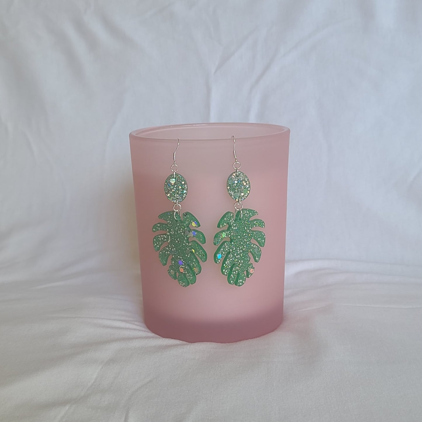 Green & Silver Glitter Monstera Leaf Dangle Earrings