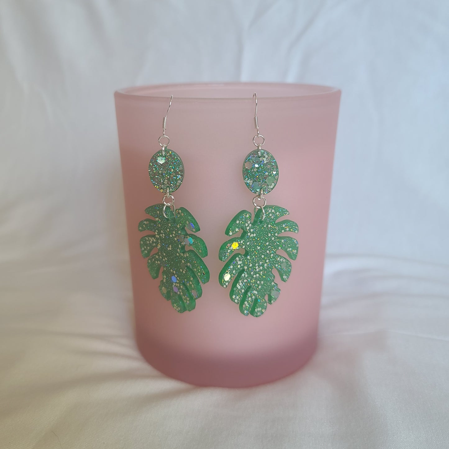 Green & Silver Glitter Monstera Leaf Dangle Earrings